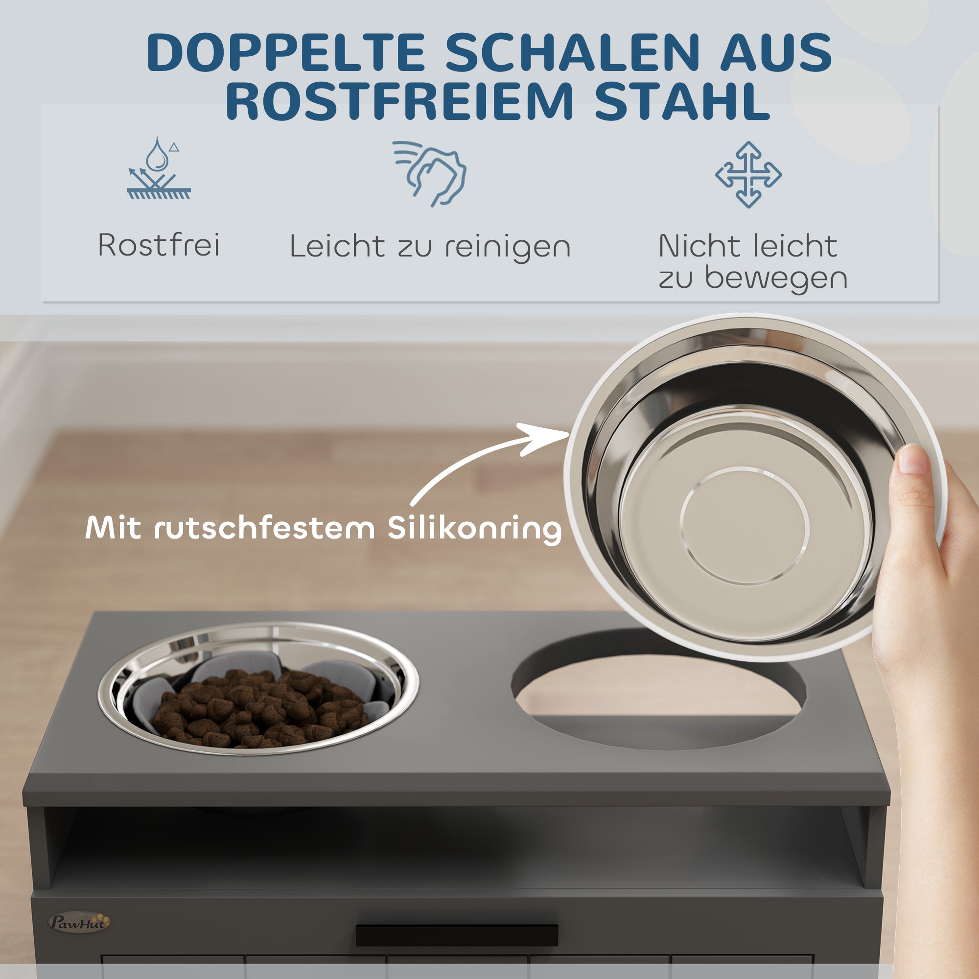 Dog Bowls, Elevated Feeding Station with 2 Stainless Steel Bowls, Slow Feeder Mat, Dog Bowl Stand with 25L Storage, Food Bowl, Water Bowl for Large and Extra Large Dogs, Gray