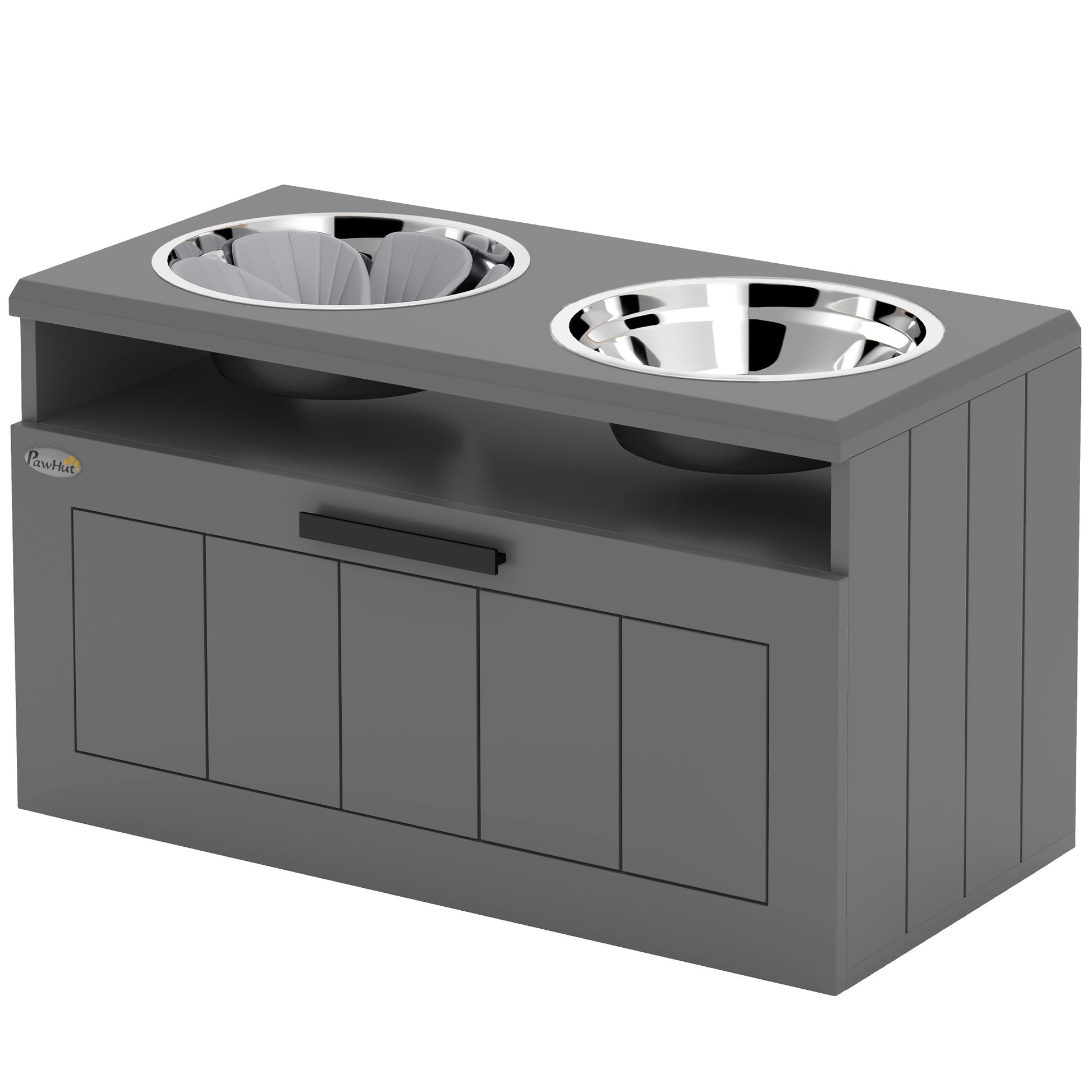 Dog Bowls, Elevated Feeding Station with 2 Stainless Steel Bowls, Slow Feeder Mat, Dog Bowl Stand with 25L Storage, Food Bowl, Water Bowl for Large and Extra Large Dogs, Gray