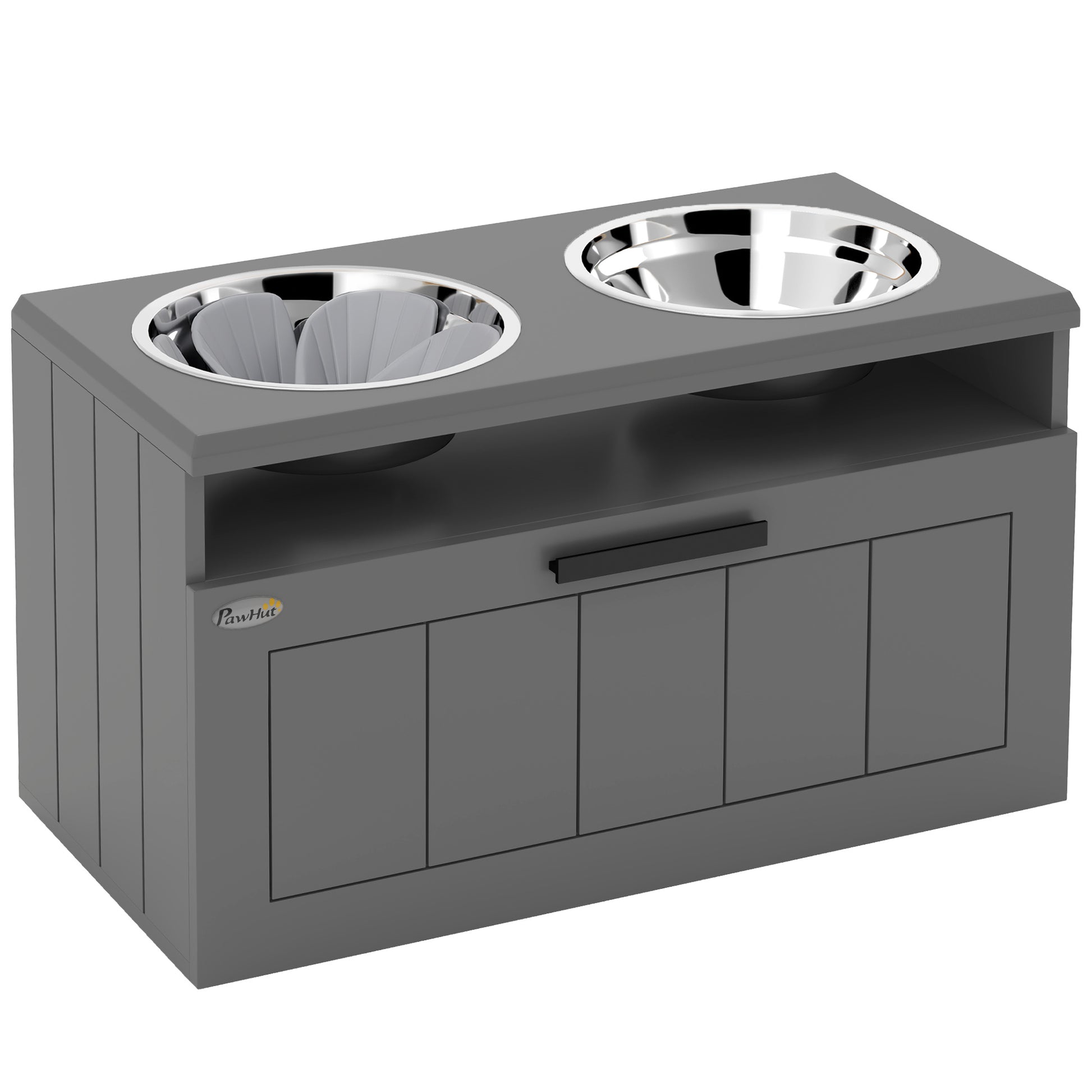 Dog Bowls, Elevated Feeding Station with 2 Stainless Steel Bowls, Slow Feeder Mat, Dog Bowl Stand with 25L Storage, Food Bowl, Water Bowl for Large and Extra Large Dogs, Gray