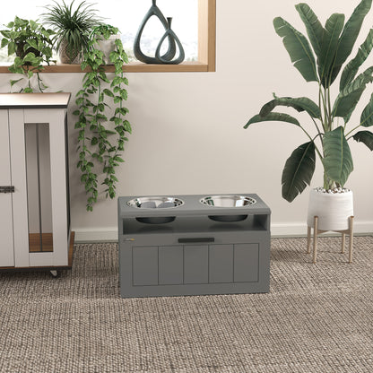 Dog Bowls, Elevated Feeding Station with 2 Stainless Steel Bowls, Slow Feeder Mat, Dog Bowl Stand with 25L Storage, Food Bowl, Water Bowl for Large and Extra Large Dogs, Gray