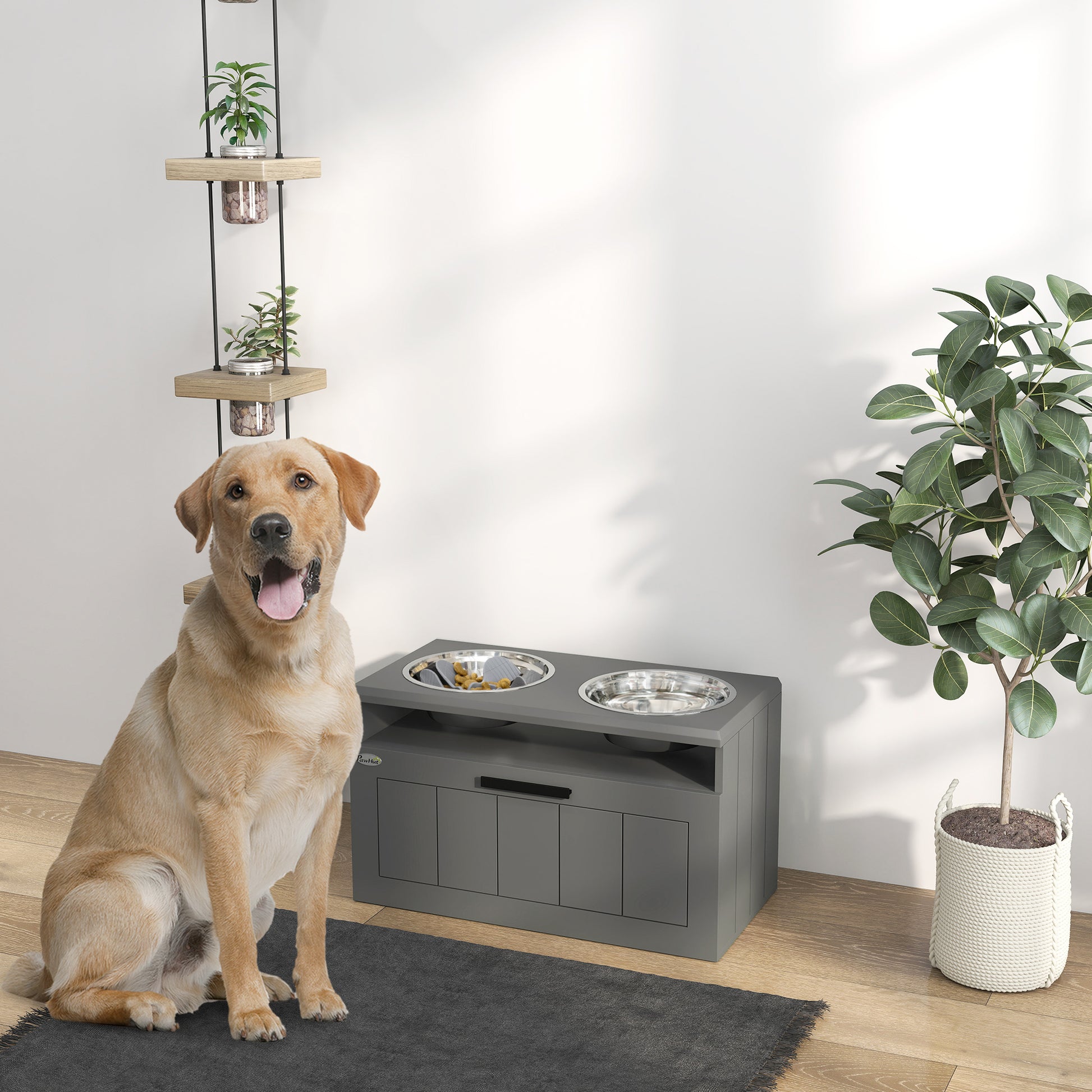 Dog Bowls, Elevated Feeding Station with 2 Stainless Steel Bowls, Slow Feeder Mat, Dog Bowl Stand with 25L Storage, Food Bowl, Water Bowl for Large and Extra Large Dogs, Gray