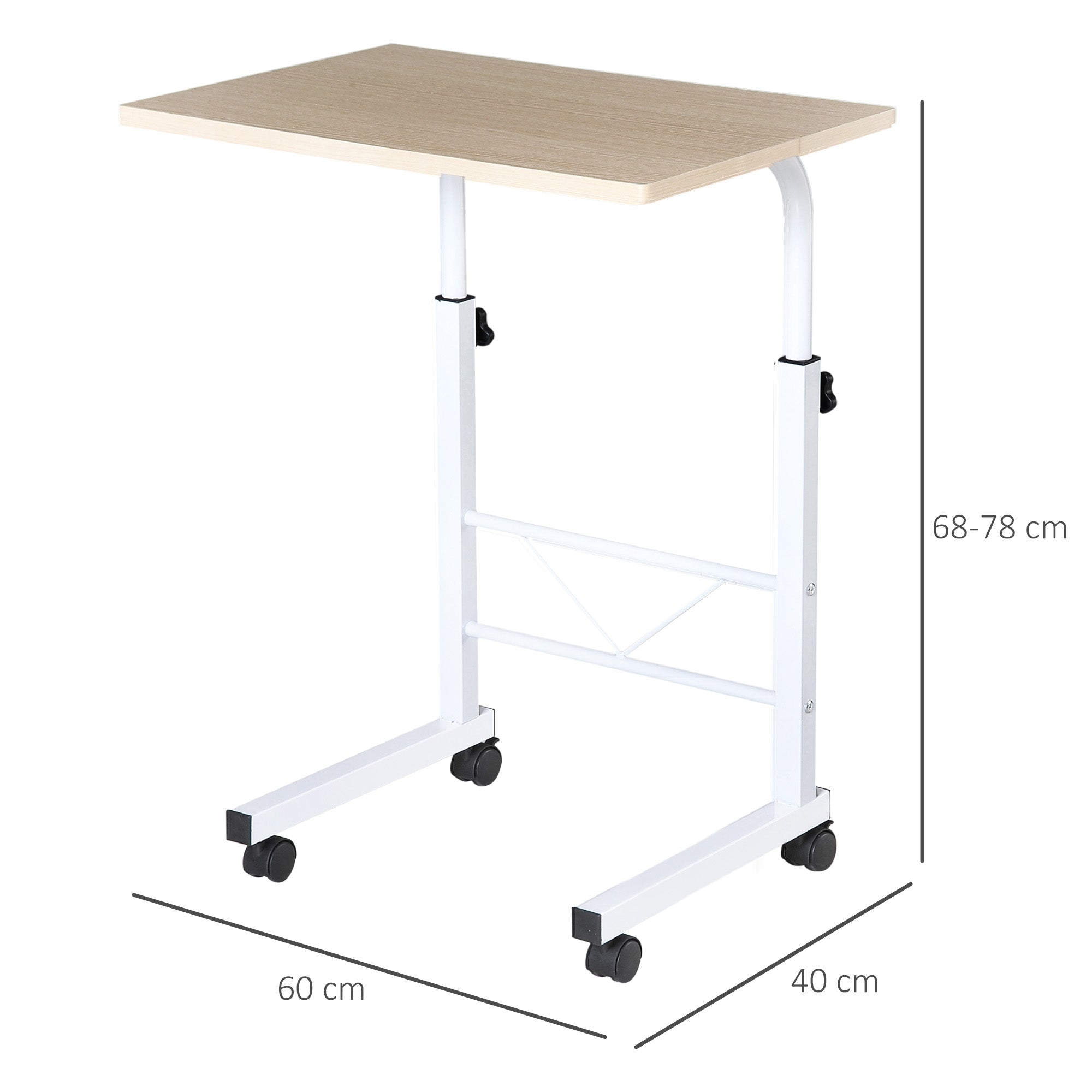 Side Table Height Adjustable Coffee Table Mobile End Desk with Wheels Locking Brakes C Tables Chipboard Steel Iron Plastic White Maple 60 x 40 x 68-78 cm