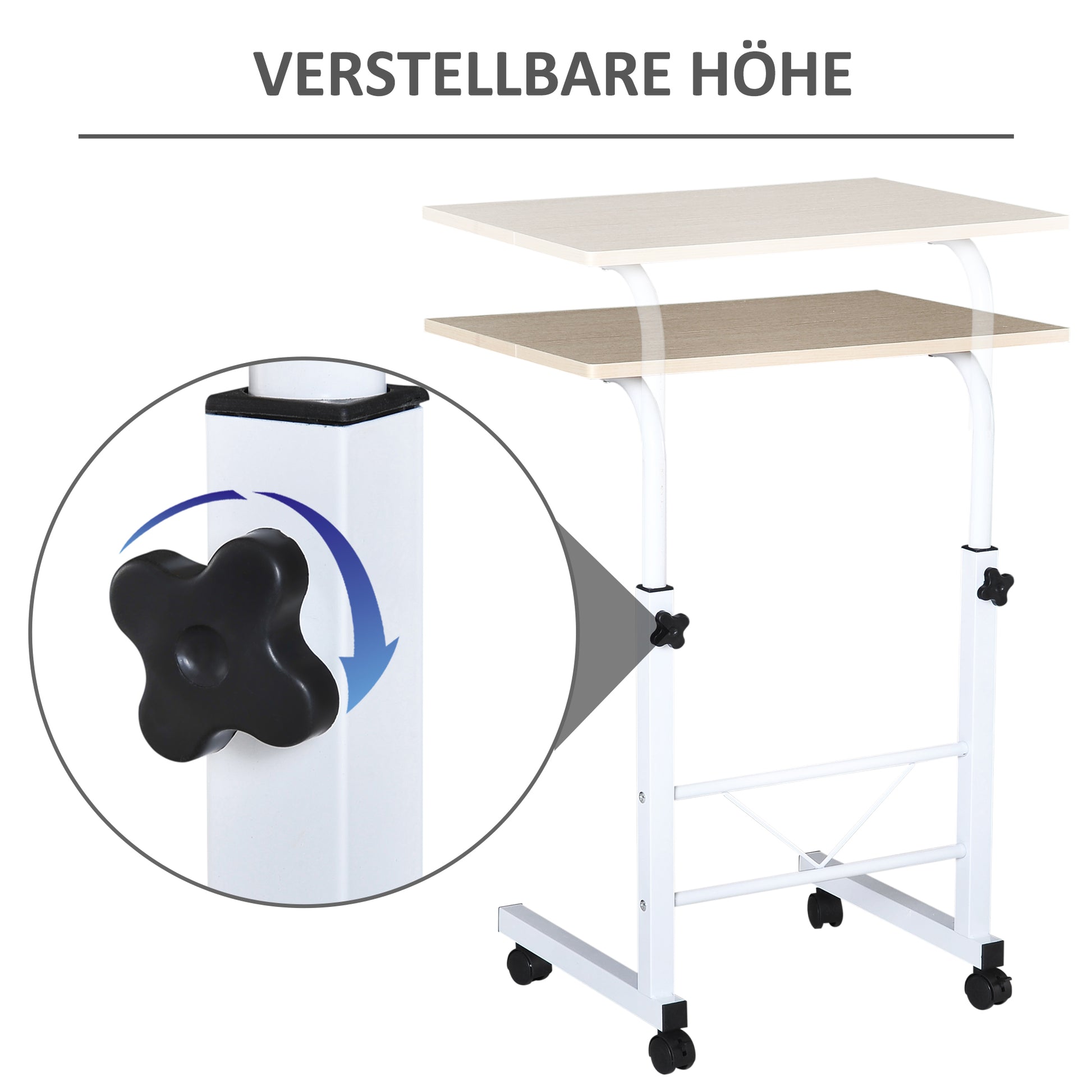 Side Table Height Adjustable Coffee Table Mobile End Desk with Wheels Locking Brakes C Tables Chipboard Steel Iron Plastic White Maple 60 x 40 x 68-78 cm
