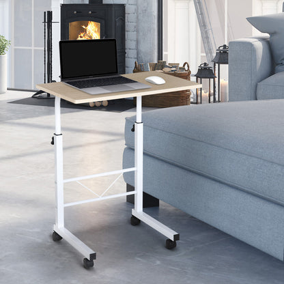 Side Table Height Adjustable Coffee Table Mobile End Desk with Wheels Locking Brakes C Tables Chipboard Steel Iron Plastic White Maple 60 x 40 x 68-78 cm