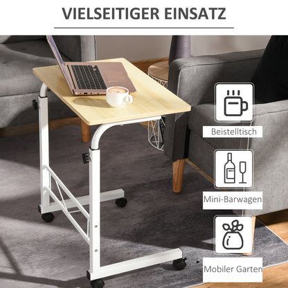 Side Table Height Adjustable Coffee Table Mobile End Desk with Wheels Locking Brakes C Tables Chipboard Steel Iron Plastic White Maple 60 x 40 x 68-78 cm