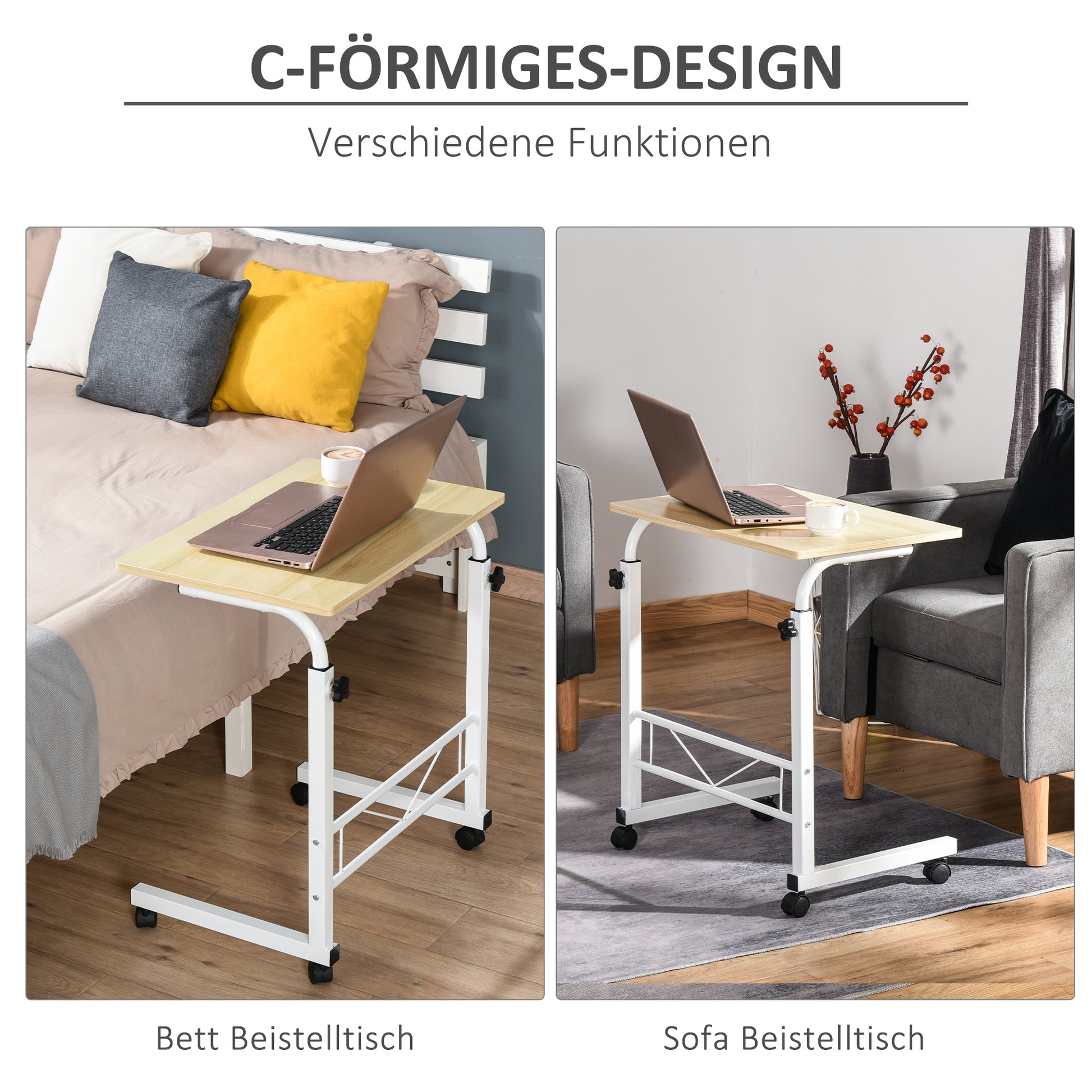 Side Table Height Adjustable Coffee Table Mobile End Desk with Wheels Locking Brakes C Tables Chipboard Steel Iron Plastic White Maple 60 x 40 x 68-78 cm
