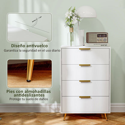 4-Drawer Dresser Modern Bedroom Dresser with Wavy Design Fronts Anti-Tip Chest of Drawers for Living Room Hallway 60x40x90 cm White