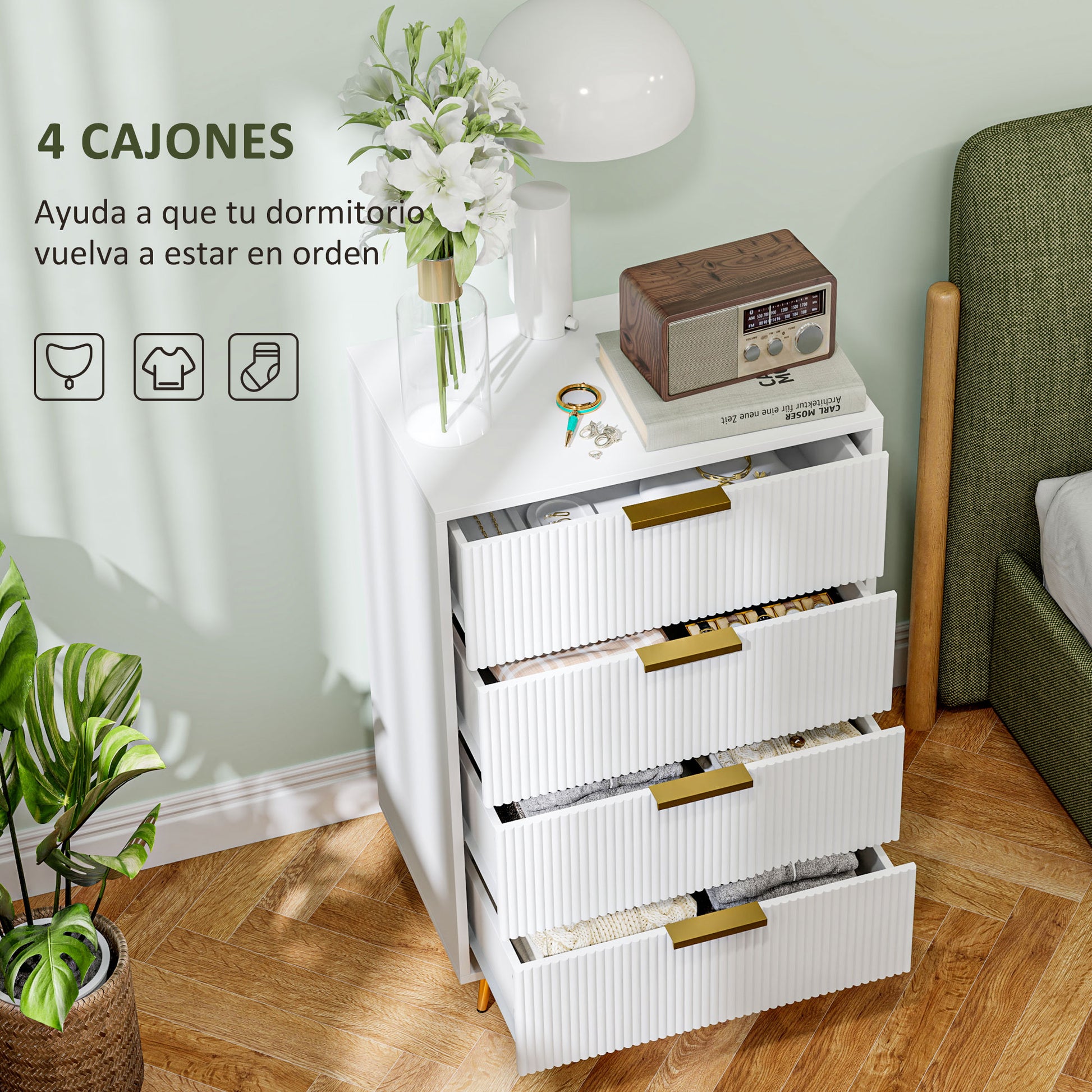 4-Drawer Dresser Modern Bedroom Dresser with Wavy Design Fronts Anti-Tip Chest of Drawers for Living Room Hallway 60x40x90 cm White