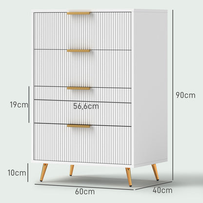4-Drawer Dresser Modern Bedroom Dresser with Wavy Design Fronts Anti-Tip Chest of Drawers for Living Room Hallway 60x40x90 cm White