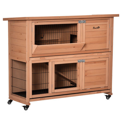 2-Level Wooden Rabbit Hutch with Wheels, Rabbit and Guinea Pig House with Removable Tray and Ramp, Orange, 122x50x101cm