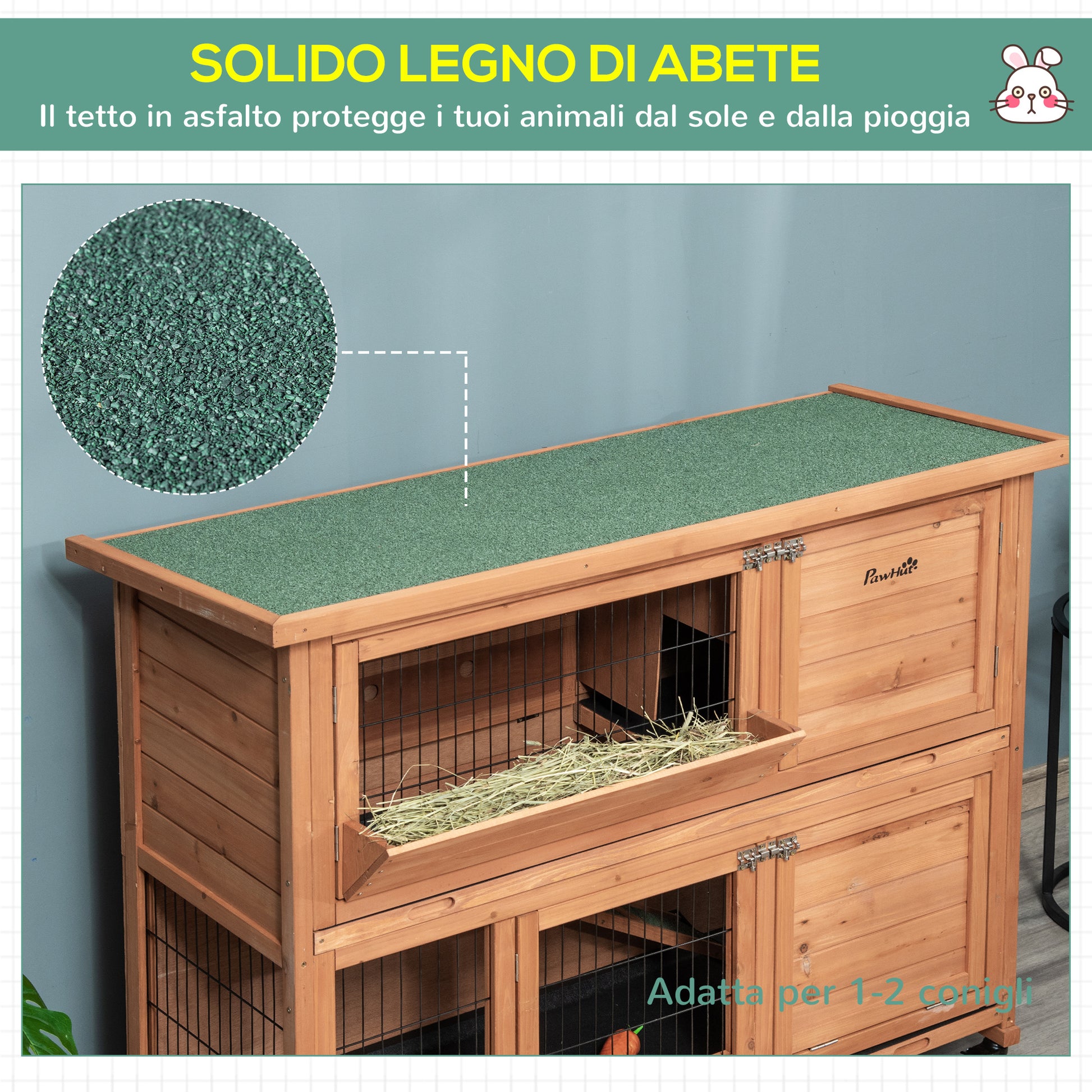 2-Level Wooden Rabbit Hutch with Wheels, Rabbit and Guinea Pig House with Removable Tray and Ramp, Orange, 122x50x101cm