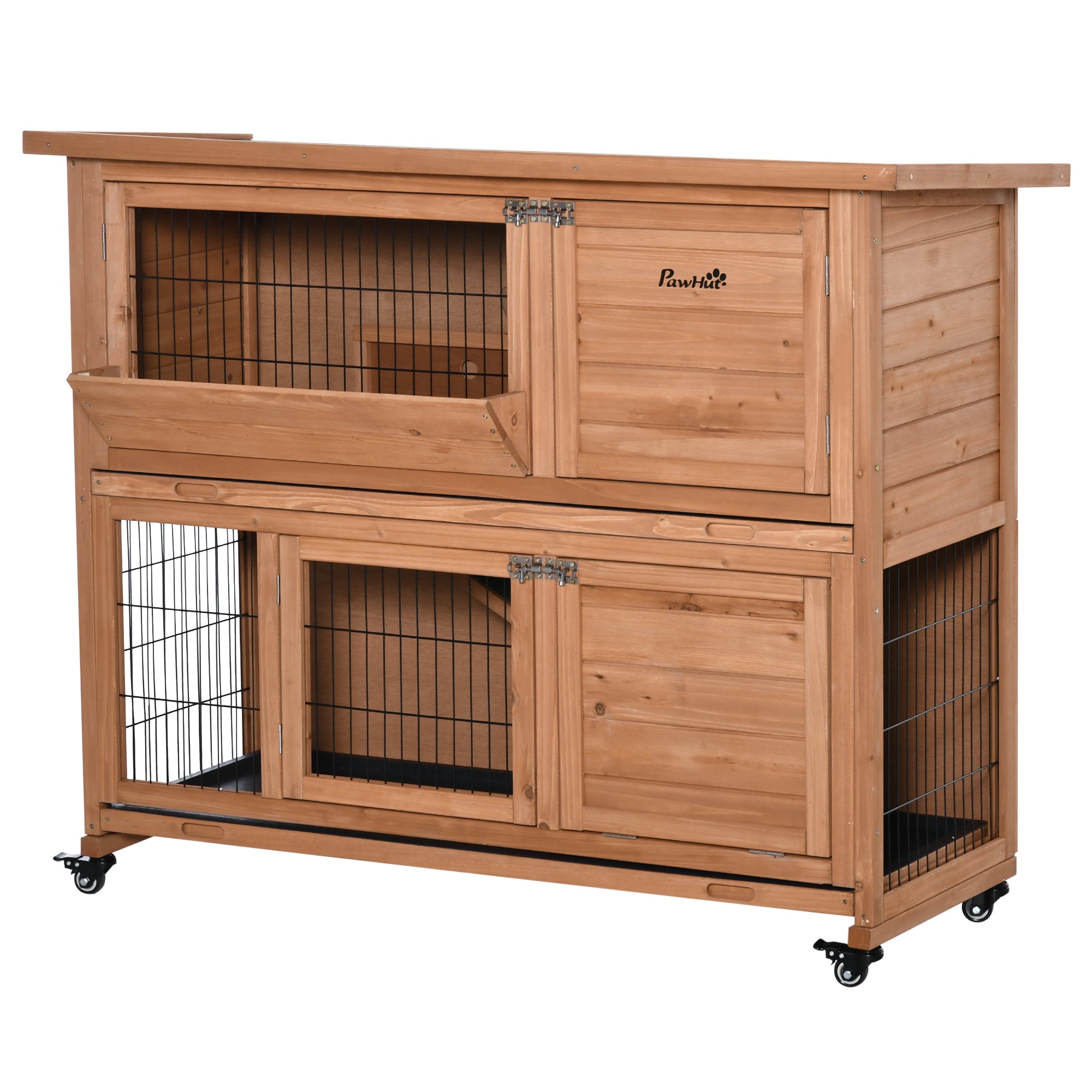 2-Level Wooden Rabbit Hutch with Wheels, Rabbit and Guinea Pig House with Removable Tray and Ramp, Orange, 122x50x101cm
