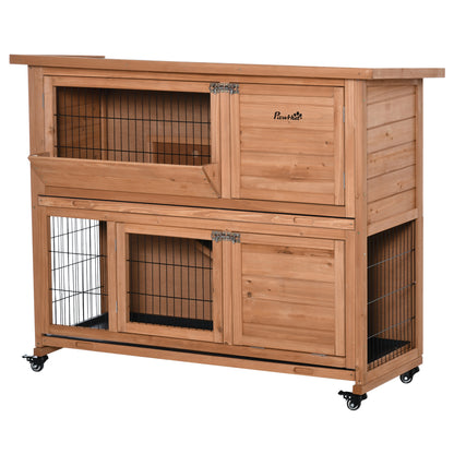 2-Level Wooden Rabbit Hutch with Wheels, Rabbit and Guinea Pig House with Removable Tray and Ramp, Orange, 122x50x101cm