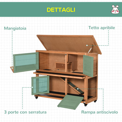 2-Level Wooden Rabbit Hutch with Wheels, Rabbit and Guinea Pig House with Removable Tray and Ramp, Orange, 122x50x101cm