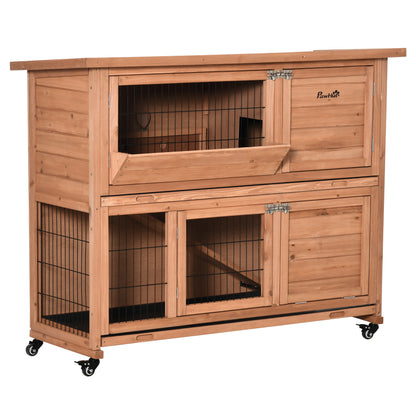 2-Level Wooden Rabbit Hutch with Wheels, Rabbit and Guinea Pig House with Removable Tray and Ramp, Orange, 122x50x101cm