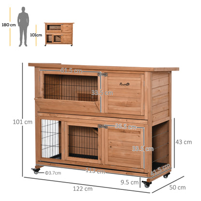 2-Level Wooden Rabbit Hutch with Wheels, Rabbit and Guinea Pig House with Removable Tray and Ramp, Orange, 122x50x101cm