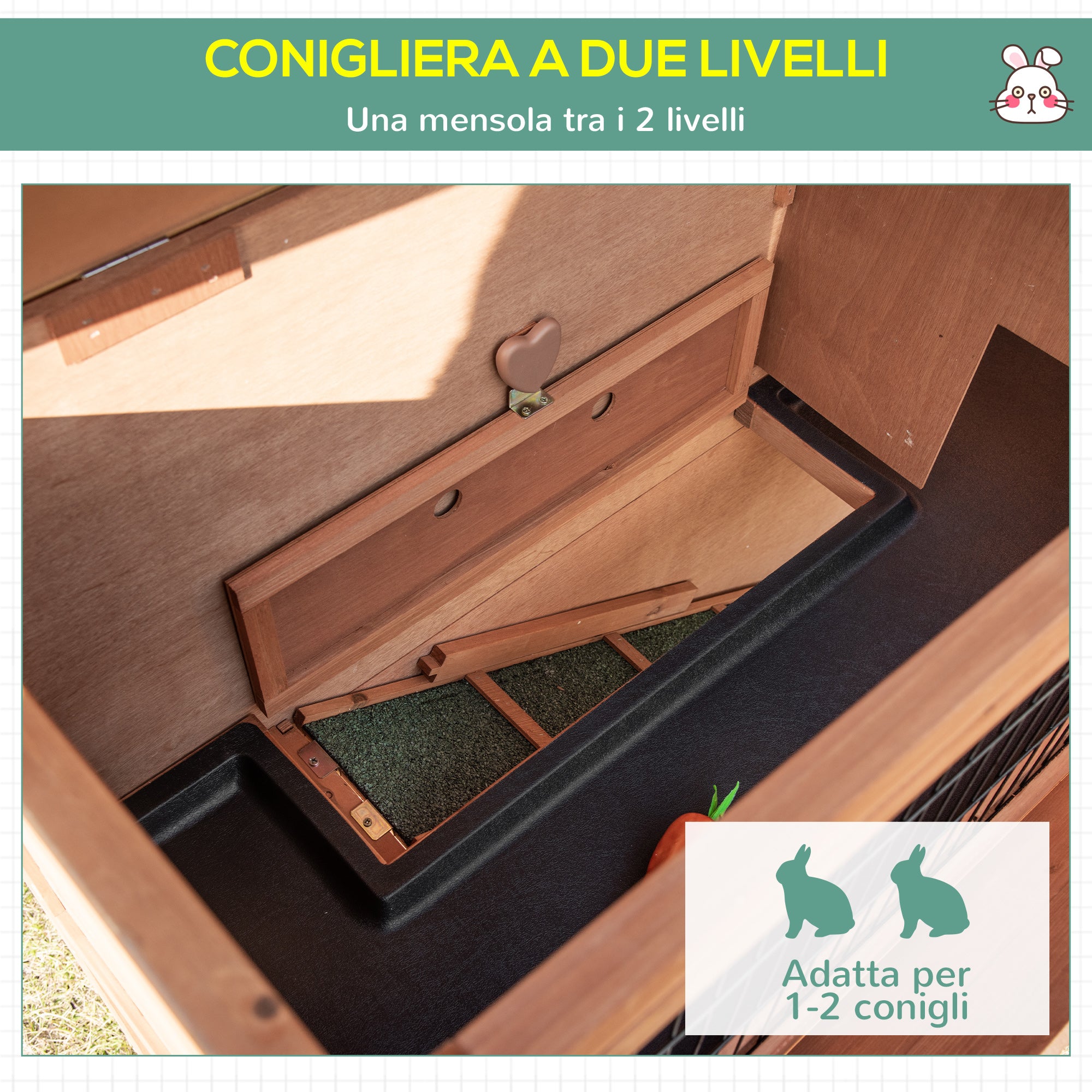 2-Level Wooden Rabbit Hutch with Wheels, Rabbit and Guinea Pig House with Removable Tray and Ramp, Orange, 122x50x101cm