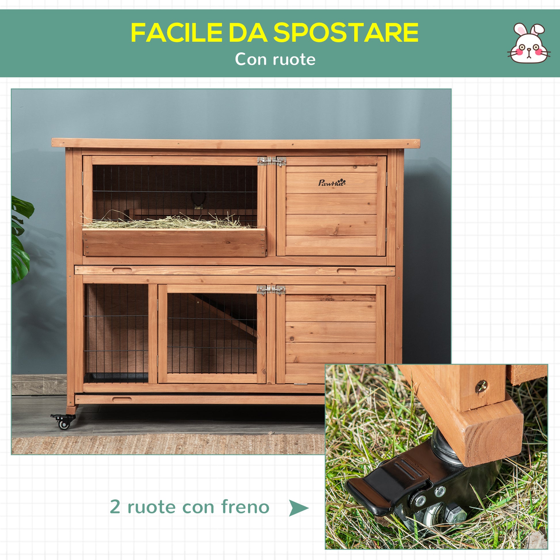 2-Level Wooden Rabbit Hutch with Wheels, Rabbit and Guinea Pig House with Removable Tray and Ramp, Orange, 122x50x101cm