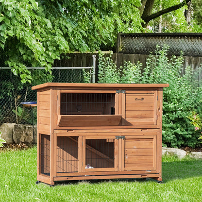 2-Level Wooden Rabbit Hutch with Wheels, Rabbit and Guinea Pig House with Removable Tray and Ramp, Orange, 122x50x101cm