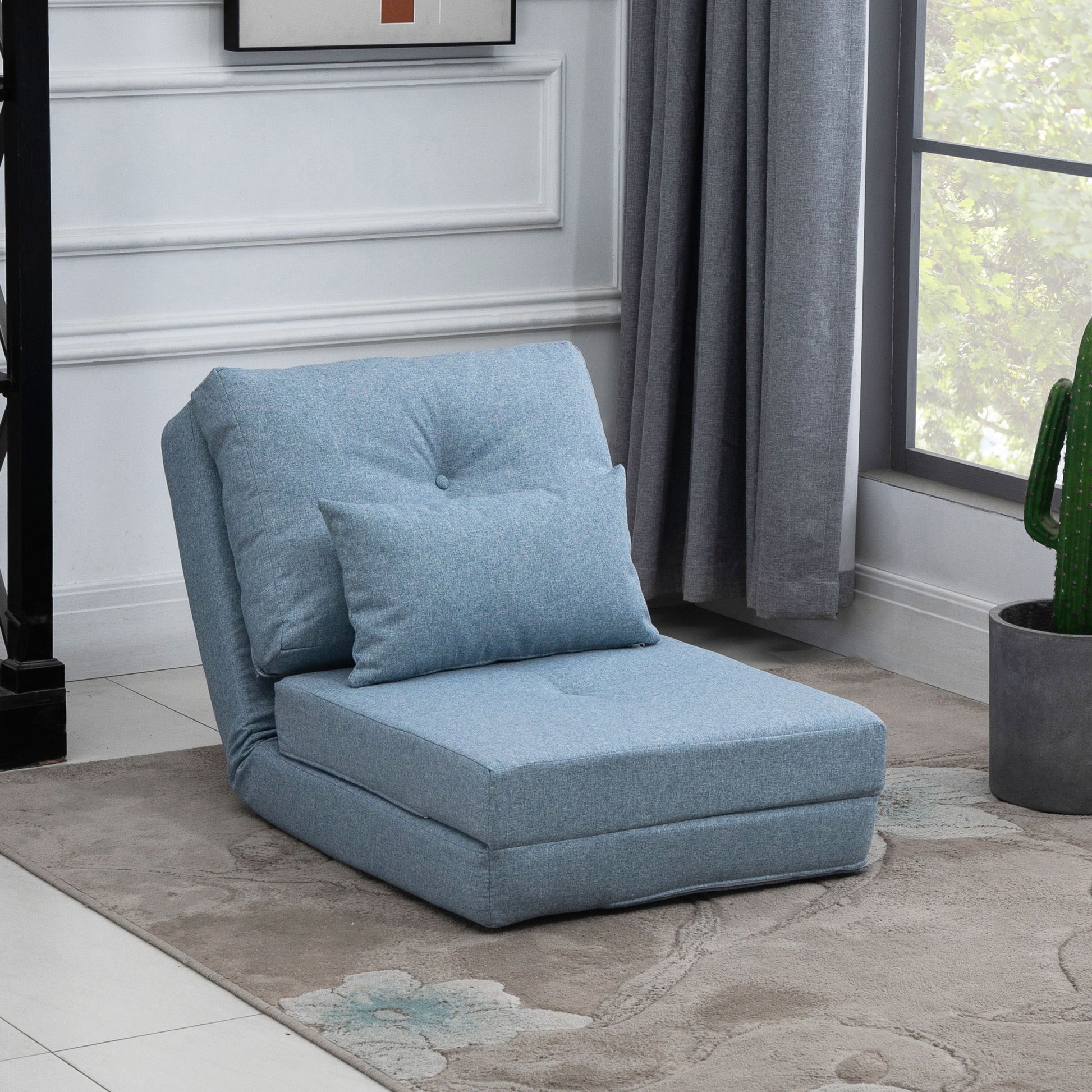 Floor Chair 2-in-1 Folding Bed with Adjustable Backrest Floor Sofa with Decorative Cushions, Floor Seat Cushion for Living Room, Bedroom, Linen, Sky Blue