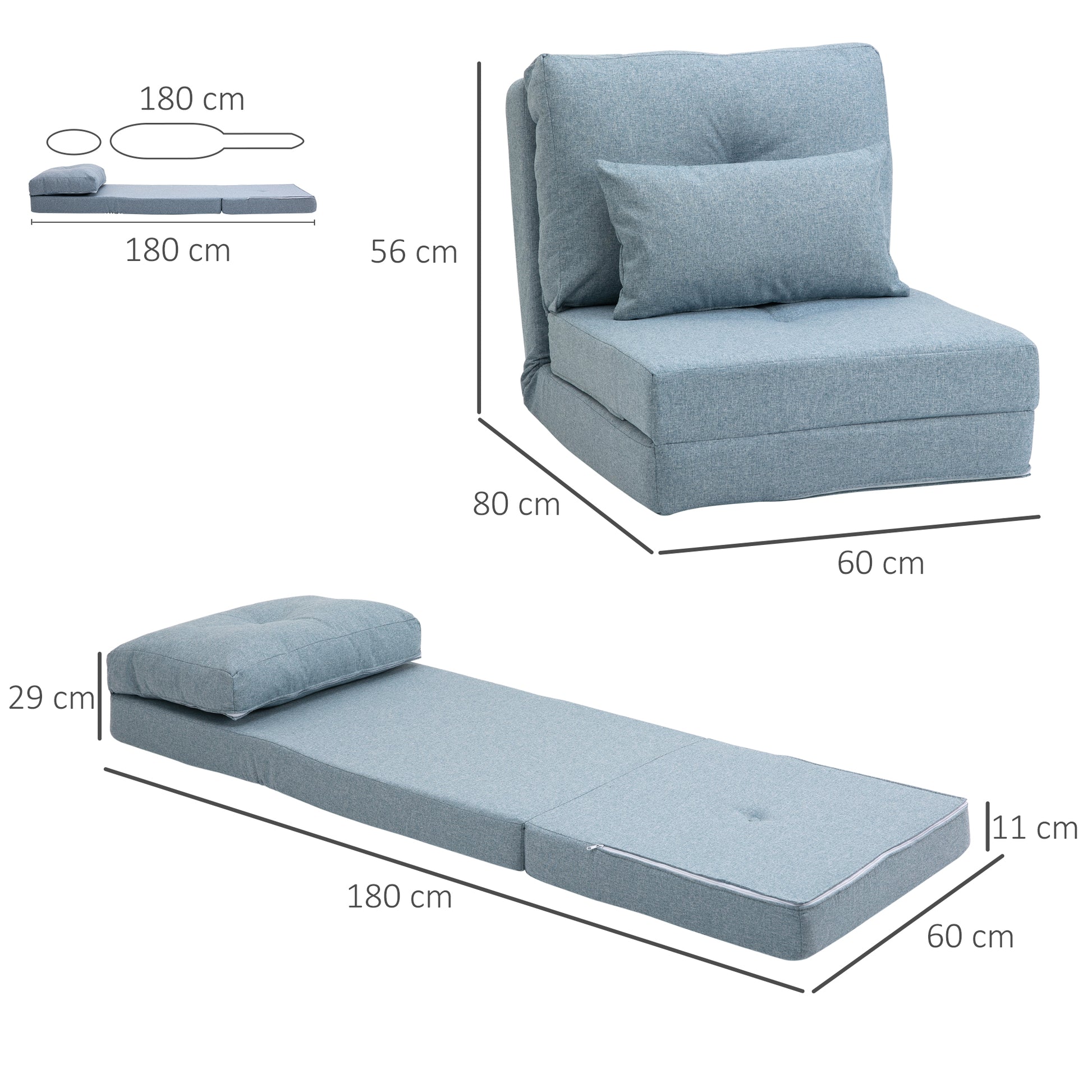 Floor Chair 2-in-1 Folding Bed with Adjustable Backrest Floor Sofa with Decorative Cushions, Floor Seat Cushion for Living Room, Bedroom, Linen, Sky Blue