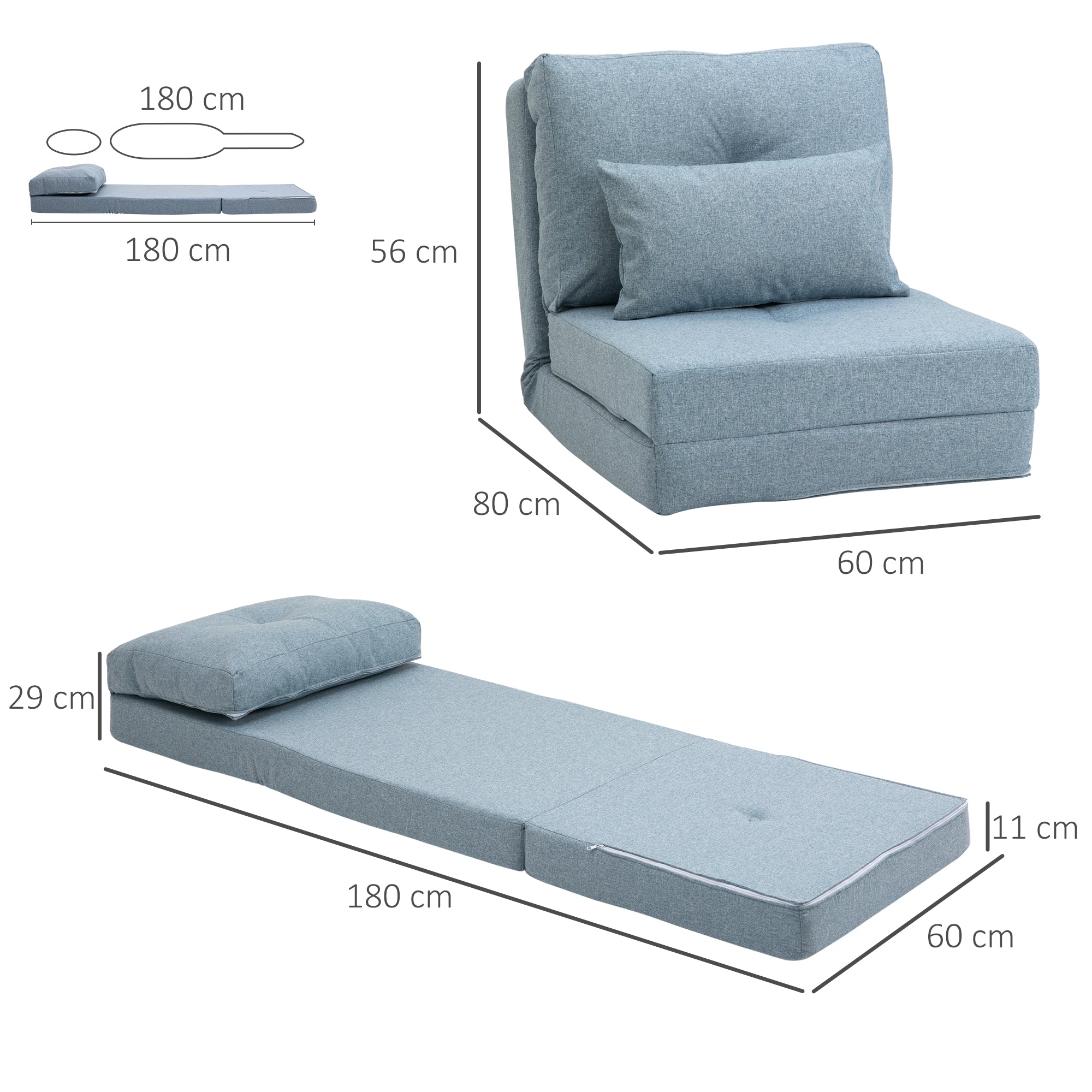 Floor Chair 2-in-1 Folding Bed with Adjustable Backrest Floor Sofa with Decorative Cushions, Floor Seat Cushion for Living Room, Bedroom, Linen, Sky Blue