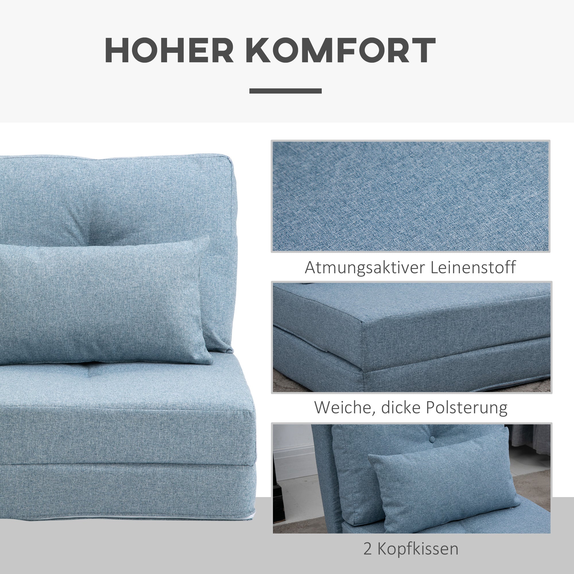 Floor Chair 2-in-1 Folding Bed with Adjustable Backrest Floor Sofa with Decorative Cushions, Floor Seat Cushion for Living Room, Bedroom, Linen, Sky Blue
