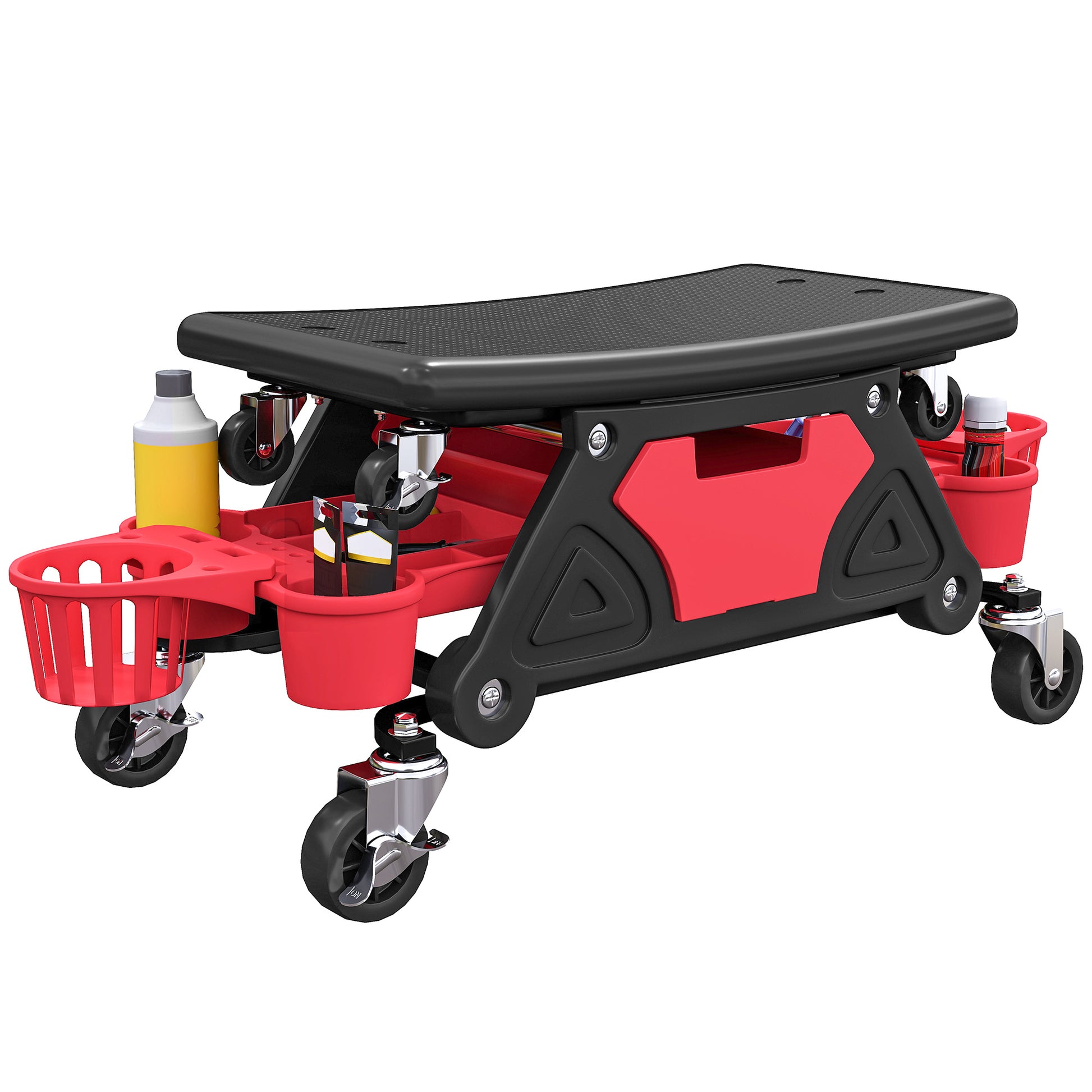 Workshop Stool with Removable Wheels, Storage Space, Drawer, 33cm High Workshop Stool Supports up to 135 kg Load Work Stool Rolling Seat Workshop Seat for Workshop Red