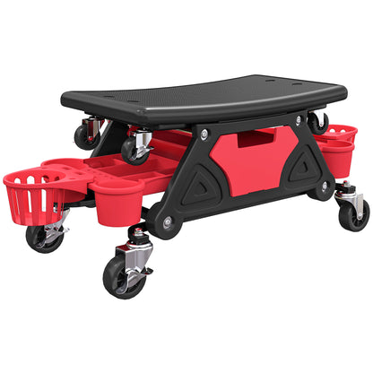 Workshop Stool with Removable Wheels, Storage Space, Drawer, 33cm High Workshop Stool Supports up to 135 kg Load Work Stool Rolling Seat Workshop Seat for Workshop Red