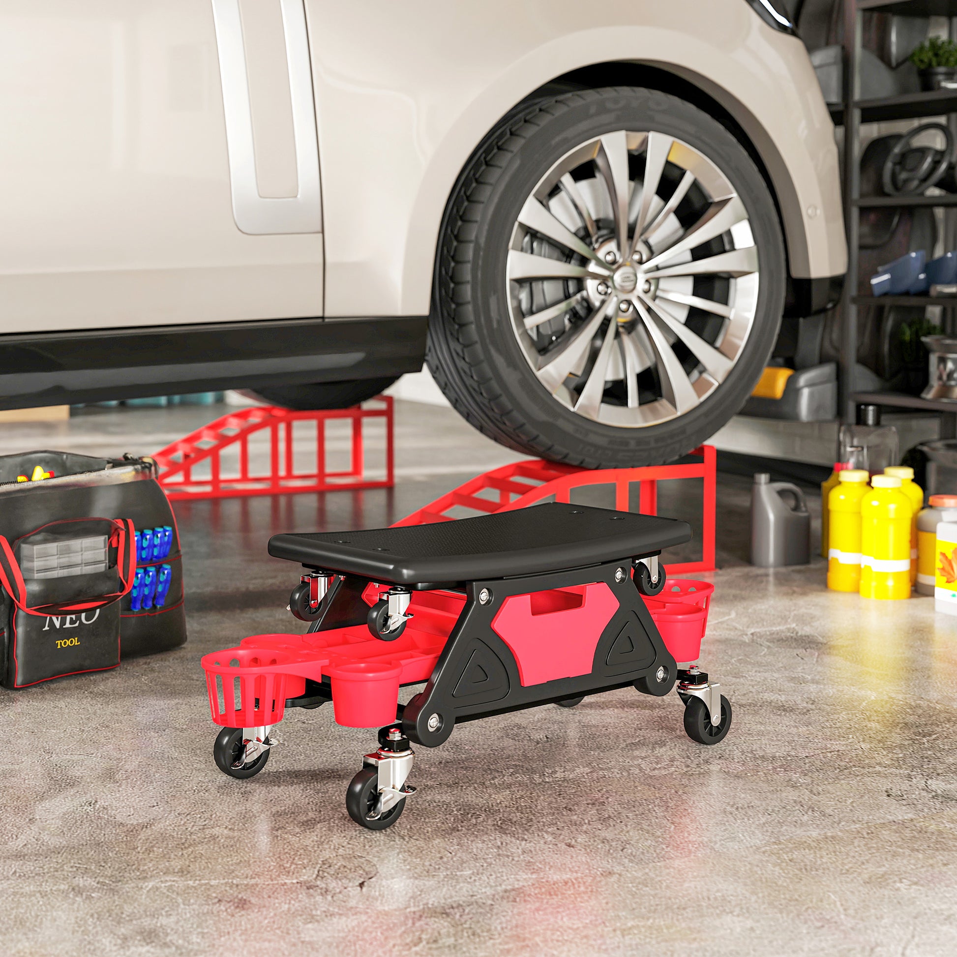 Workshop Stool with Removable Wheels, Storage Space, Drawer, 33cm High Workshop Stool Supports up to 135 kg Load Work Stool Rolling Seat Workshop Seat for Workshop Red