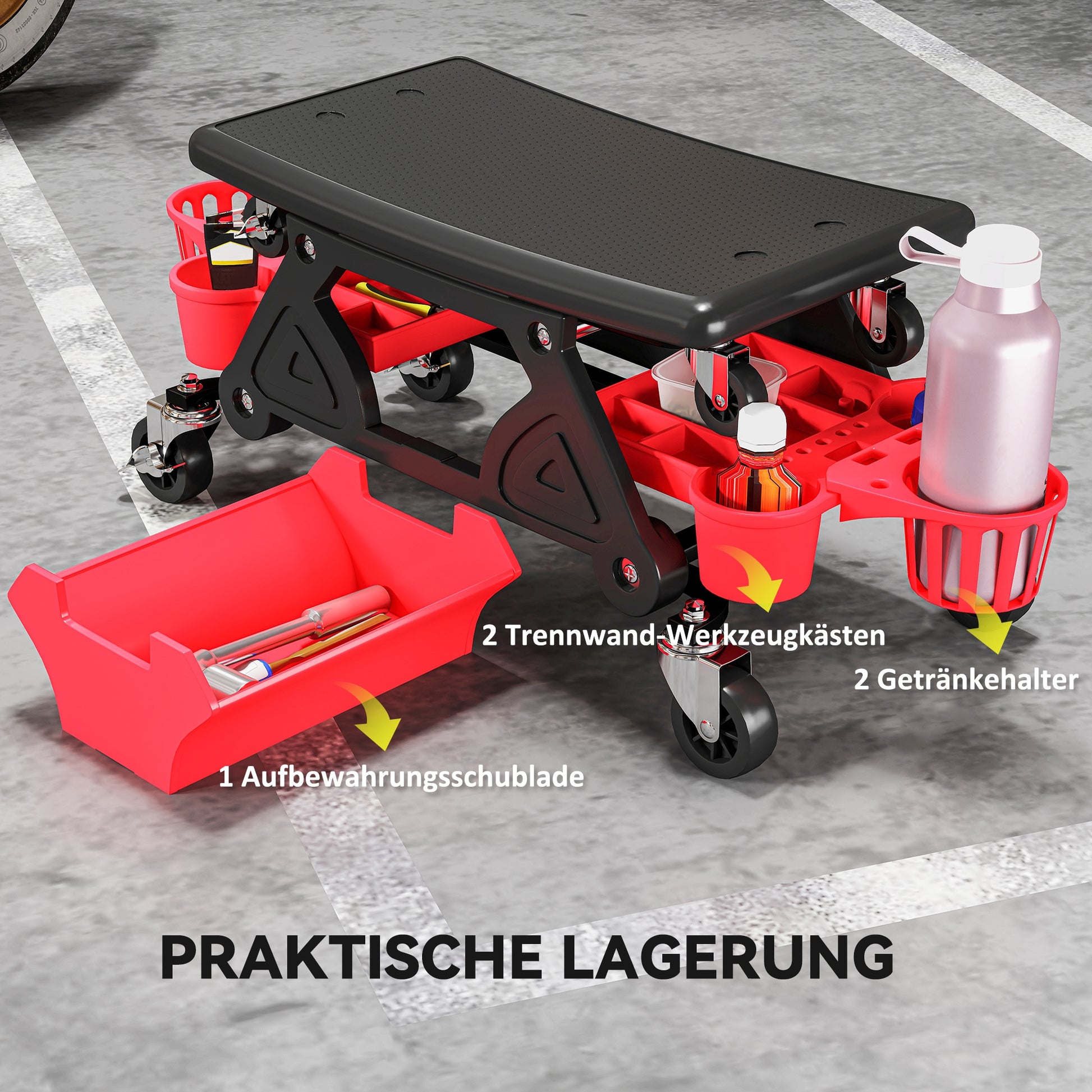 Workshop Stool with Removable Wheels, Storage Space, Drawer, 33cm High Workshop Stool Supports up to 135 kg Load Work Stool Rolling Seat Workshop Seat for Workshop Red