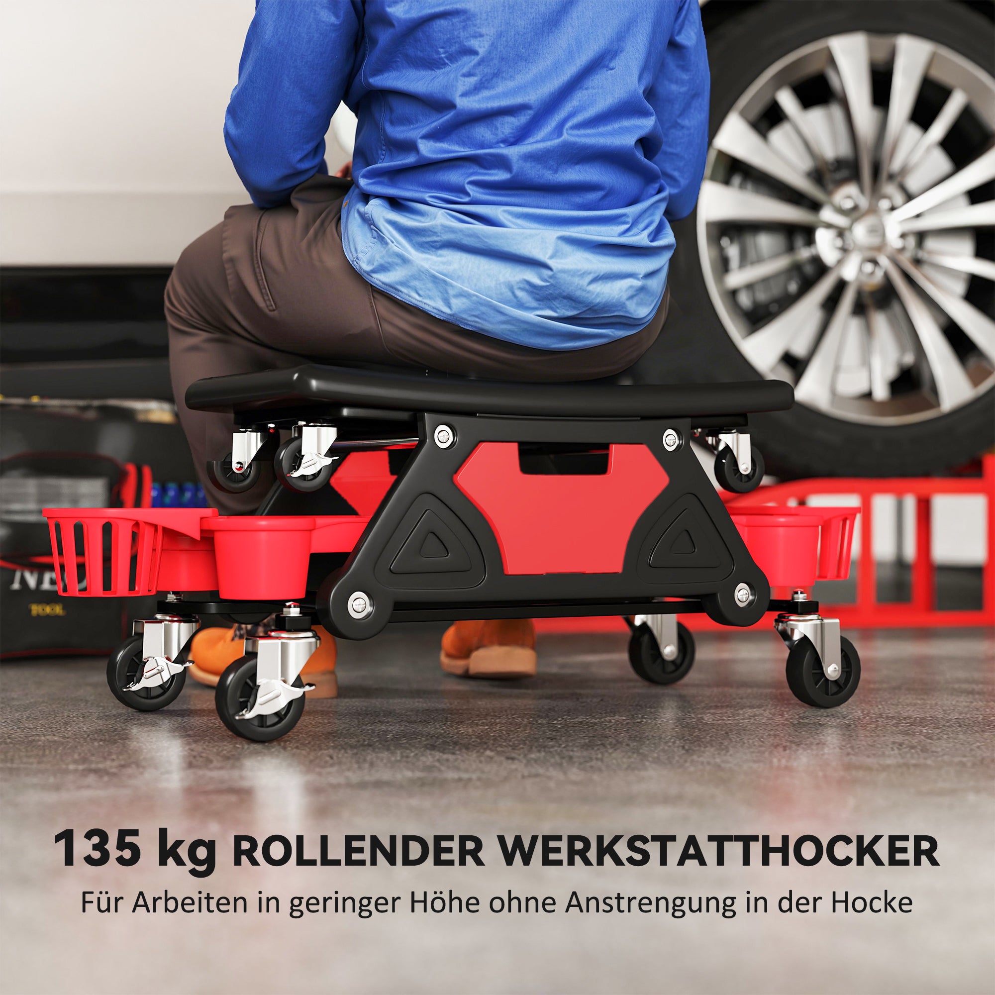 Workshop Stool with Removable Wheels, Storage Space, Drawer, 33cm High Workshop Stool Supports up to 135 kg Load Work Stool Rolling Seat Workshop Seat for Workshop Red