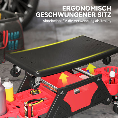 Workshop Stool with Removable Wheels, Storage Space, Drawer, 33cm High Workshop Stool Supports up to 135 kg Load Work Stool Rolling Seat Workshop Seat for Workshop Red