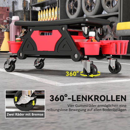 Workshop Stool with Removable Wheels, Storage Space, Drawer, 33cm High Workshop Stool Supports up to 135 kg Load Work Stool Rolling Seat Workshop Seat for Workshop Red