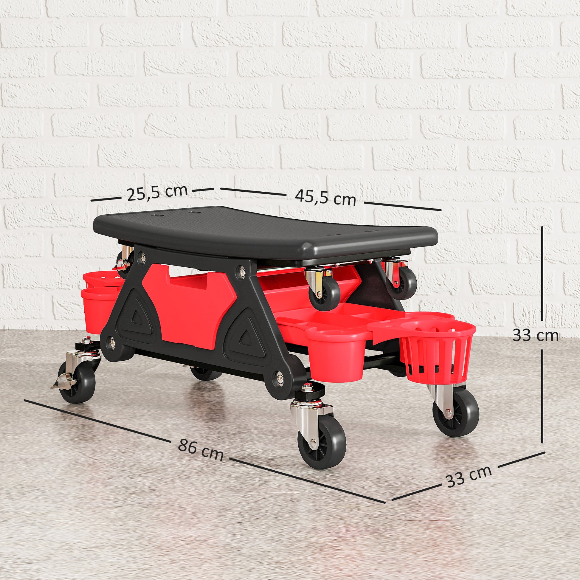 Workshop Stool with Removable Wheels, Storage Space, Drawer, 33cm High Workshop Stool Supports up to 135 kg Load Work Stool Rolling Seat Workshop Seat for Workshop Red