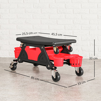 Workshop Stool with Removable Wheels, Storage Space, Drawer, 33cm High Workshop Stool Supports up to 135 kg Load Work Stool Rolling Seat Workshop Seat for Workshop Red