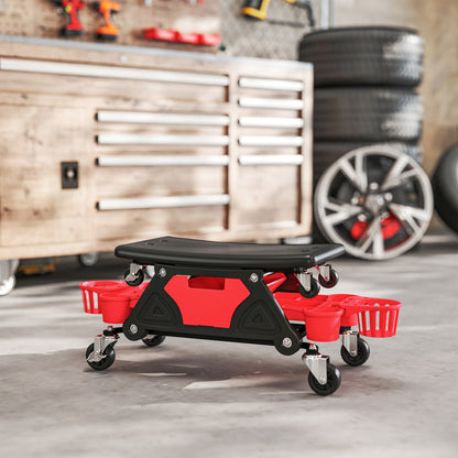 Workshop Stool with Removable Wheels, Storage Space, Drawer, 33cm High Workshop Stool Supports up to 135 kg Load Work Stool Rolling Seat Workshop Seat for Workshop Red