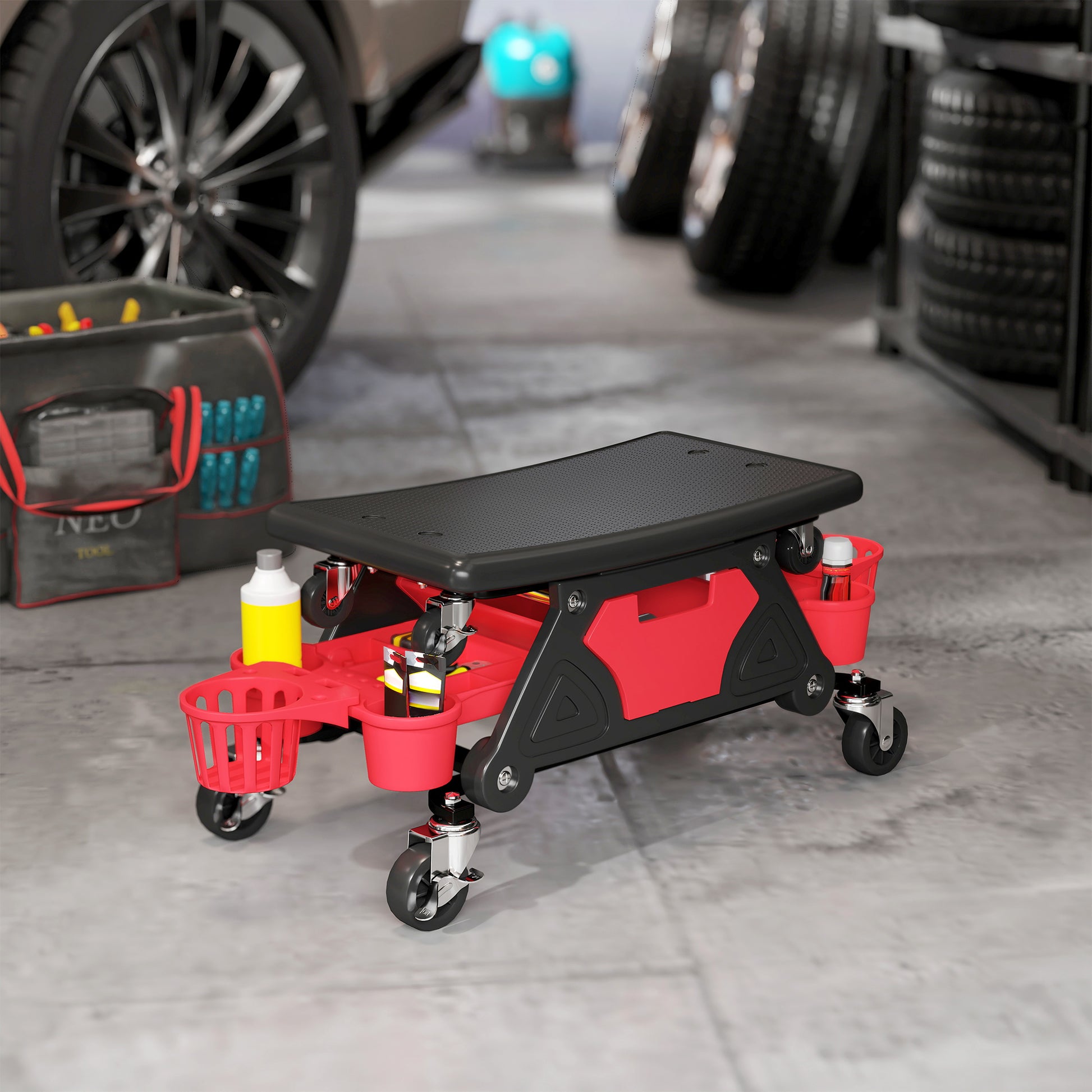 Workshop Stool with Removable Wheels, Storage Space, Drawer, 33cm High Workshop Stool Supports up to 135 kg Load Work Stool Rolling Seat Workshop Seat for Workshop Red