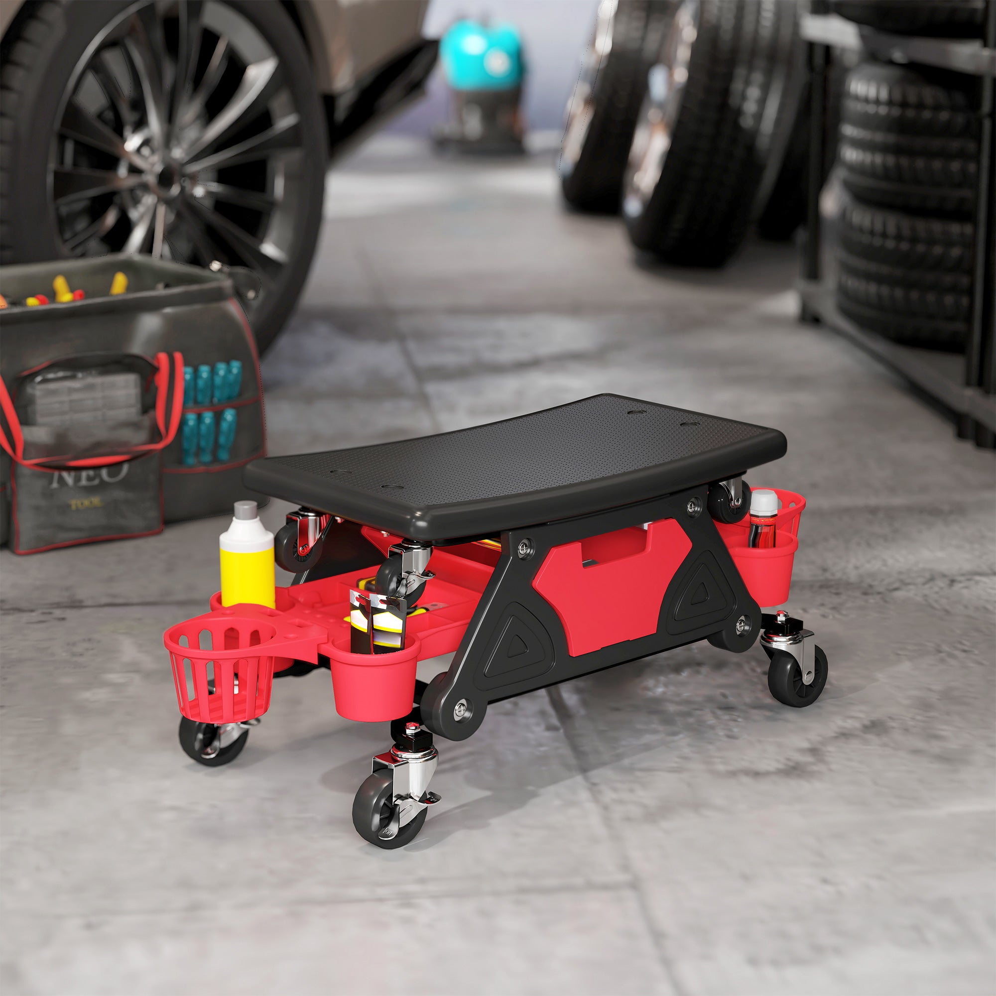 Workshop Stool with Removable Wheels, Storage Space, Drawer, 33cm High Workshop Stool Supports up to 135 kg Load Work Stool Rolling Seat Workshop Seat for Workshop Red