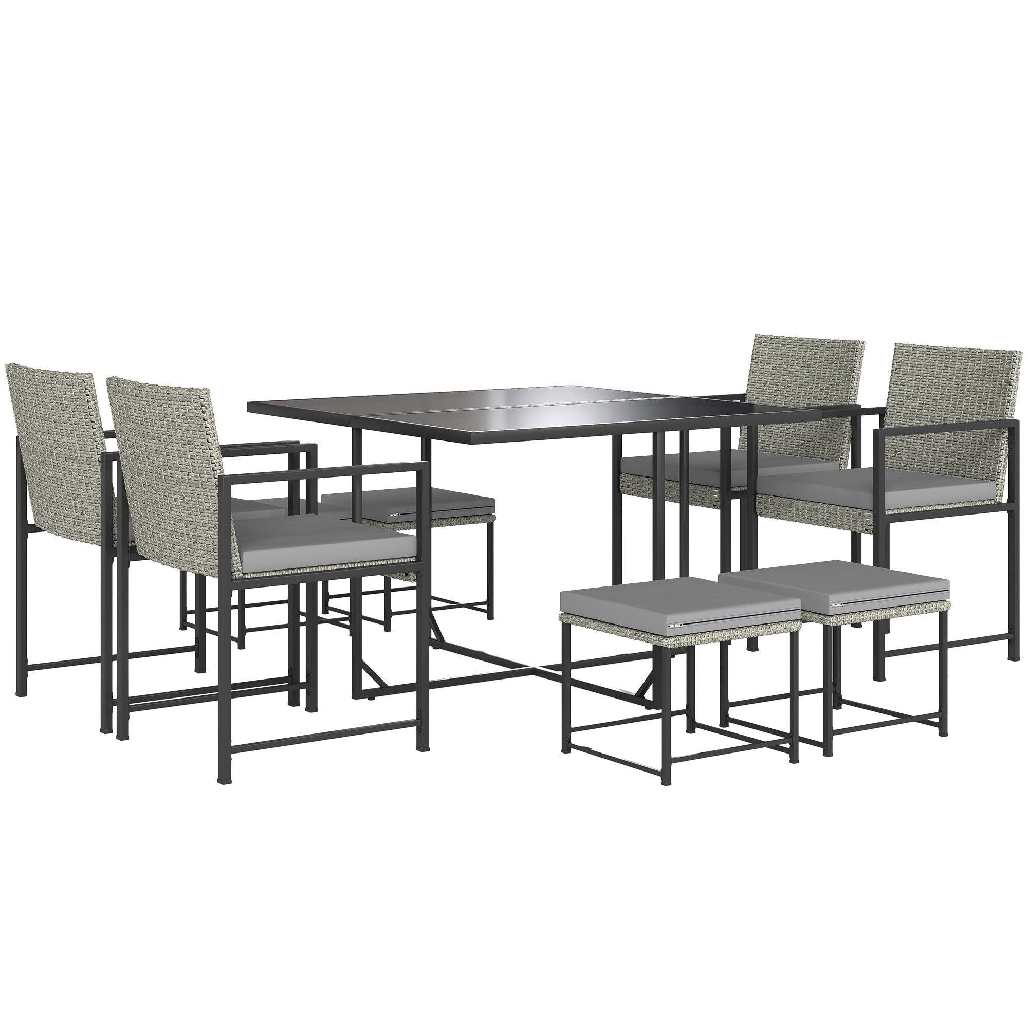 8-Seater Outdoor Rattan Garden Furniture Set, Outdoor Table and Chairs with 4 Armchairs, 4 Stools, Cushions and Tempered Glass Top, for Terrace Patio Balcony, Gray