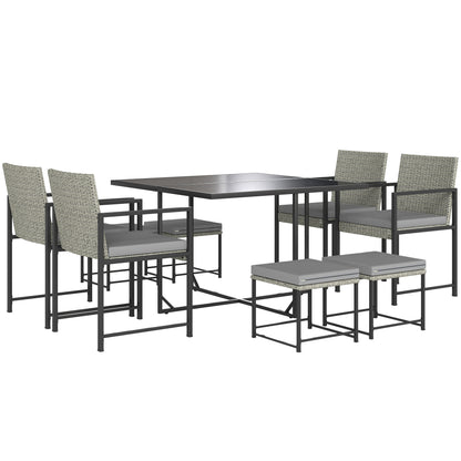 8-Seater Outdoor Rattan Garden Furniture Set, Outdoor Table and Chairs with 4 Armchairs, 4 Stools, Cushions and Tempered Glass Top, for Terrace Patio Balcony, Gray