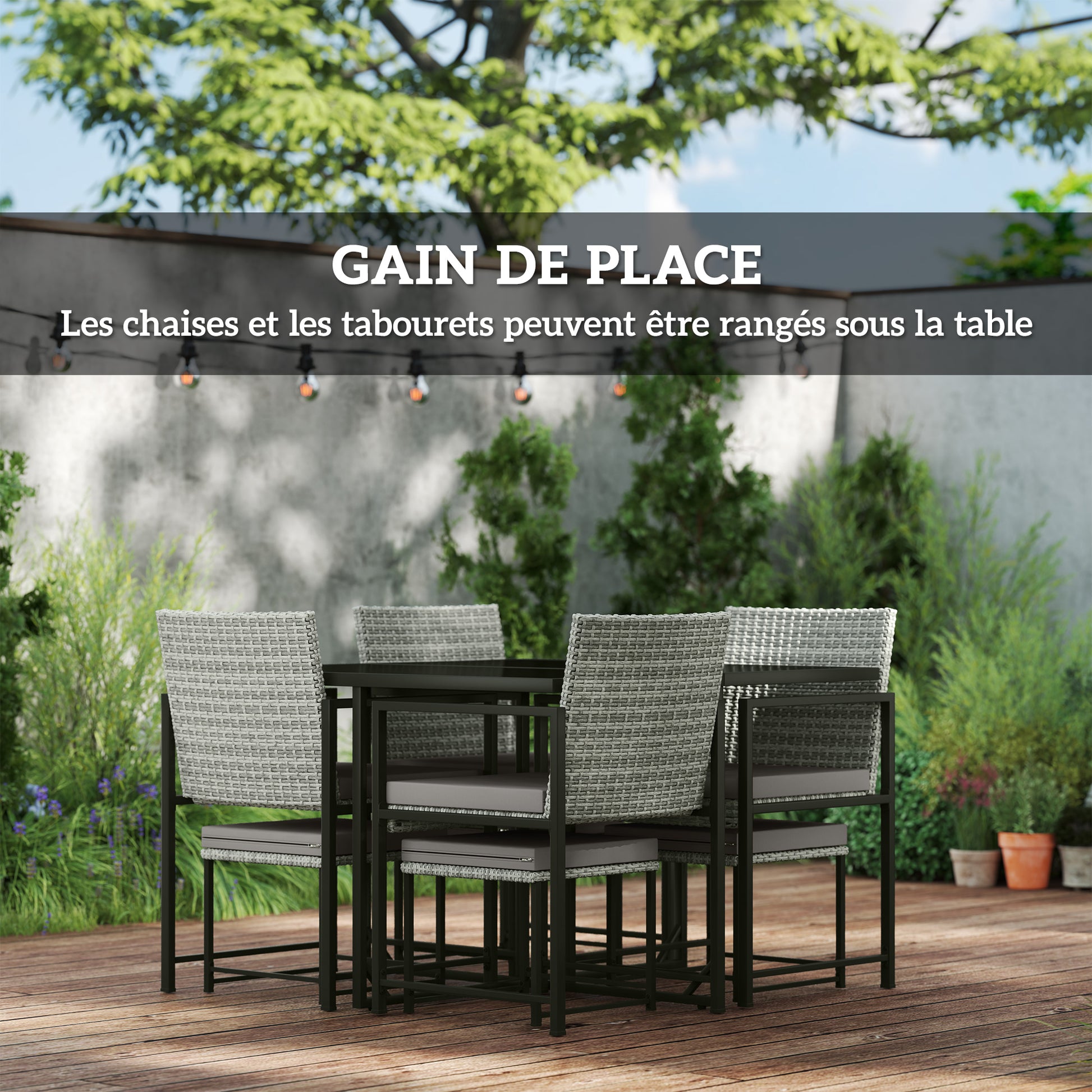 8-Seater Outdoor Rattan Garden Furniture Set, Outdoor Table and Chairs with 4 Armchairs, 4 Stools, Cushions and Tempered Glass Top, for Terrace Patio Balcony, Gray