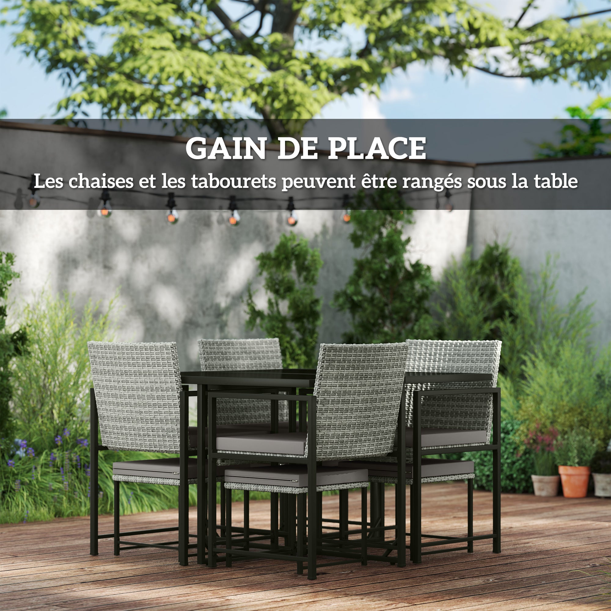 8-Seater Outdoor Rattan Garden Furniture Set, Outdoor Table and Chairs with 4 Armchairs, 4 Stools, Cushions and Tempered Glass Top, for Terrace Patio Balcony, Gray