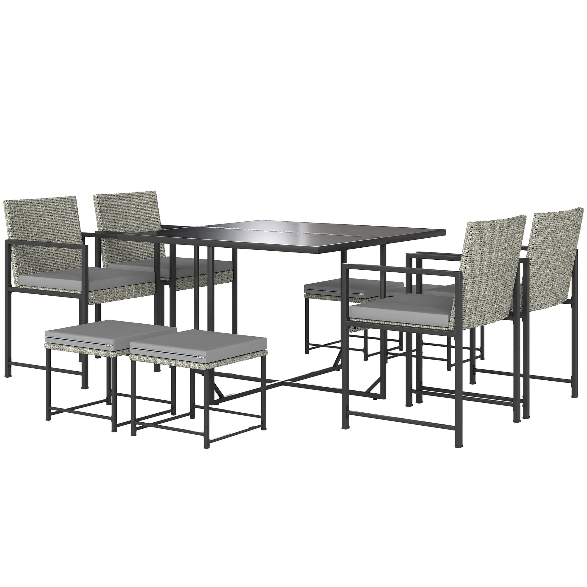 8-Seater Outdoor Rattan Garden Furniture Set, Outdoor Table and Chairs with 4 Armchairs, 4 Stools, Cushions and Tempered Glass Top, for Terrace Patio Balcony, Gray