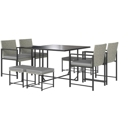 8-Seater Outdoor Rattan Garden Furniture Set, Outdoor Table and Chairs with 4 Armchairs, 4 Stools, Cushions and Tempered Glass Top, for Terrace Patio Balcony, Gray