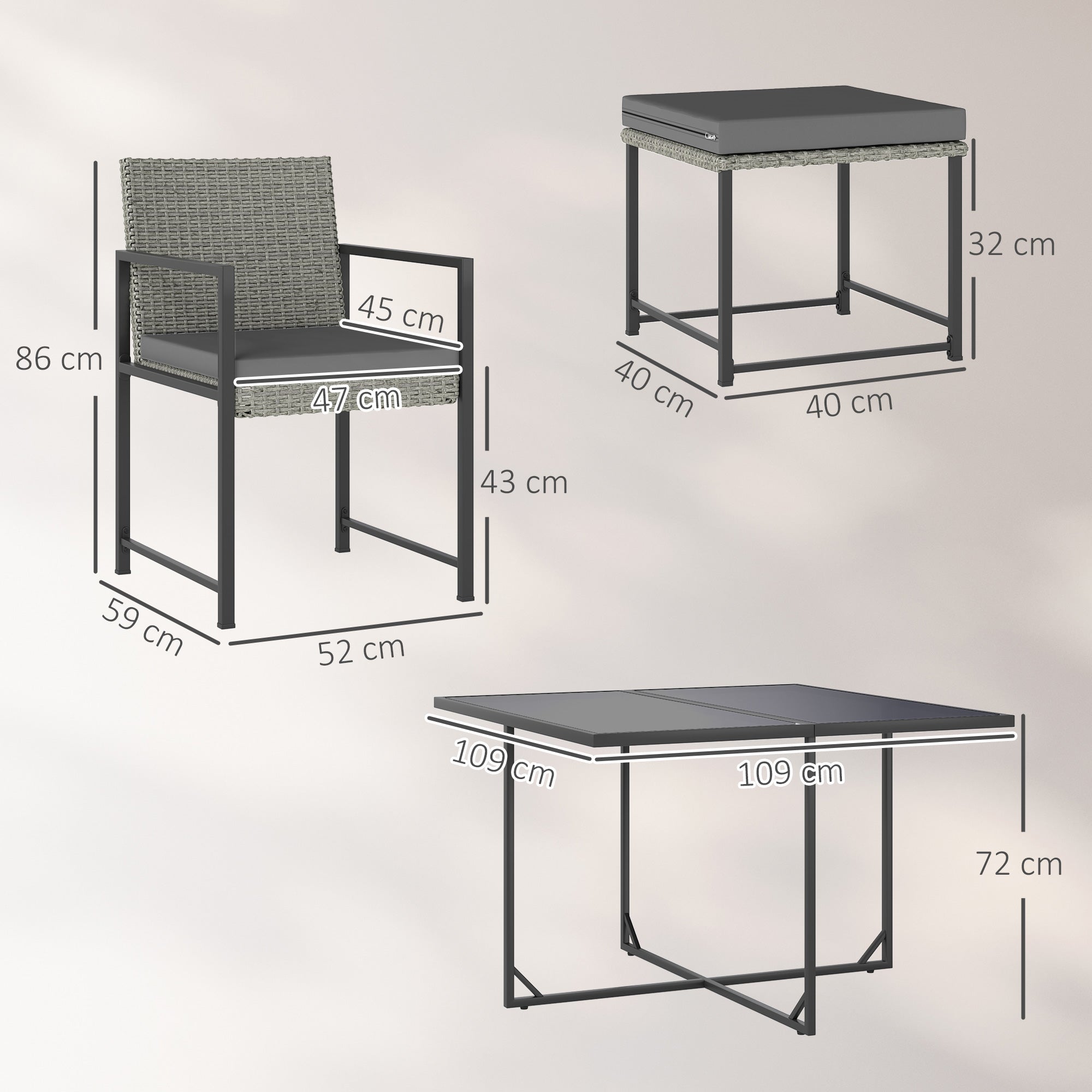 8-Seater Outdoor Rattan Garden Furniture Set, Outdoor Table and Chairs with 4 Armchairs, 4 Stools, Cushions and Tempered Glass Top, for Terrace Patio Balcony, Gray