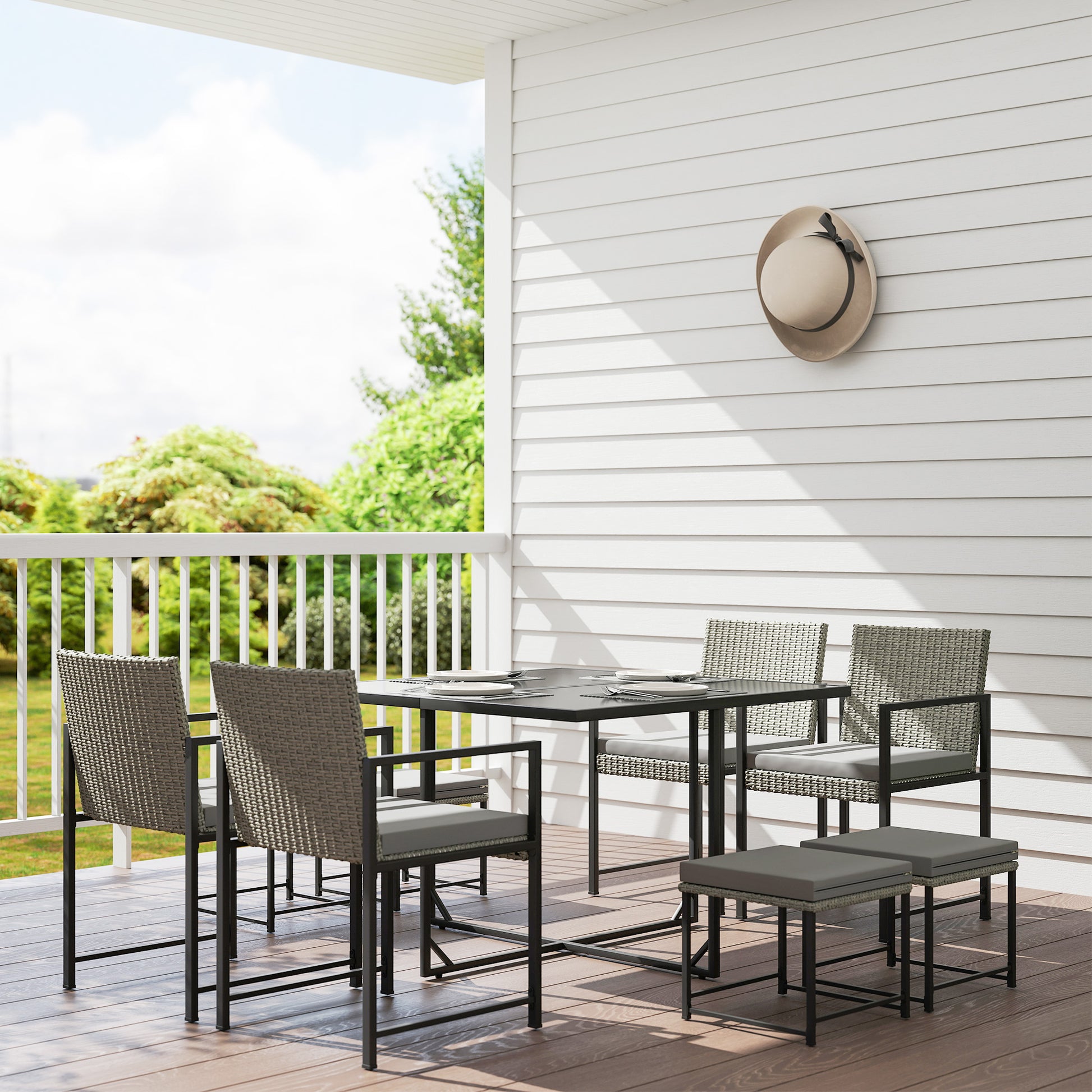 8-Seater Outdoor Rattan Garden Furniture Set, Outdoor Table and Chairs with 4 Armchairs, 4 Stools, Cushions and Tempered Glass Top, for Terrace Patio Balcony, Gray