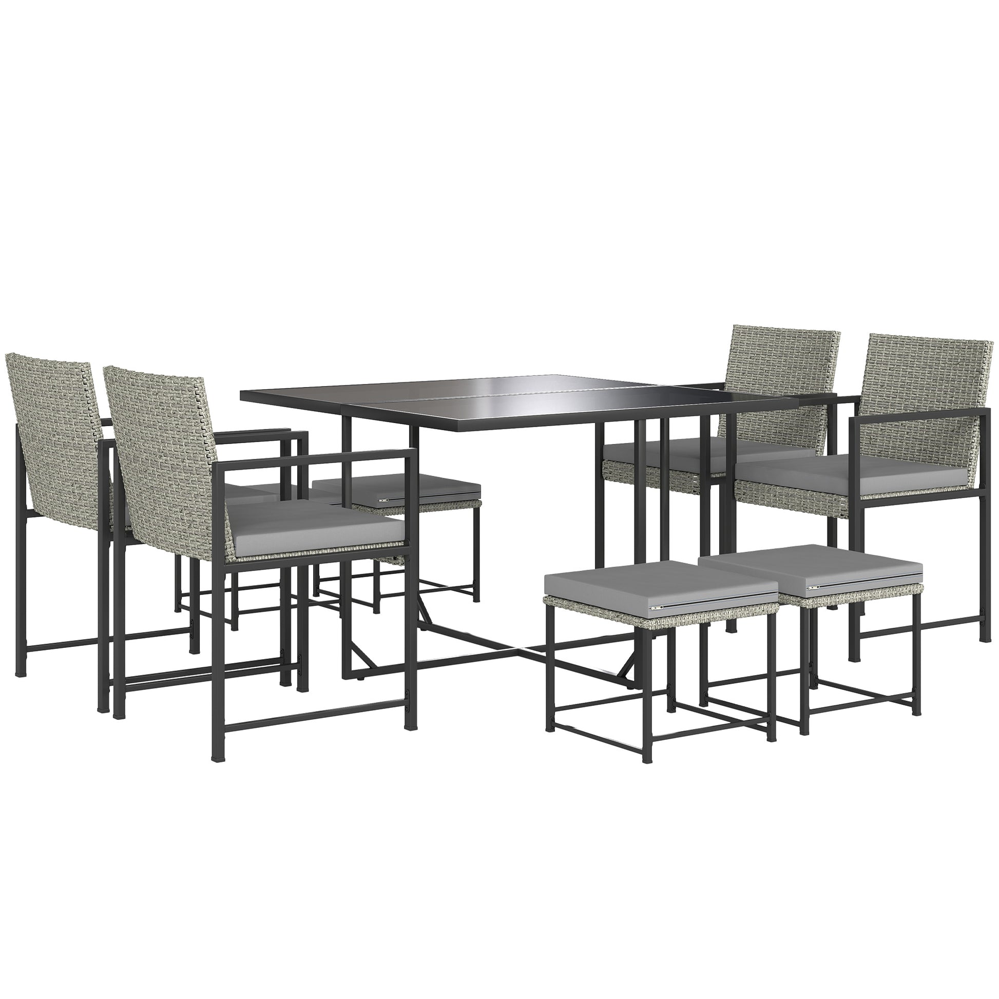 8-Seater Outdoor Rattan Garden Furniture Set, Outdoor Table and Chairs with 4 Armchairs, 4 Stools, Cushions and Tempered Glass Top, for Terrace Patio Balcony, Gray