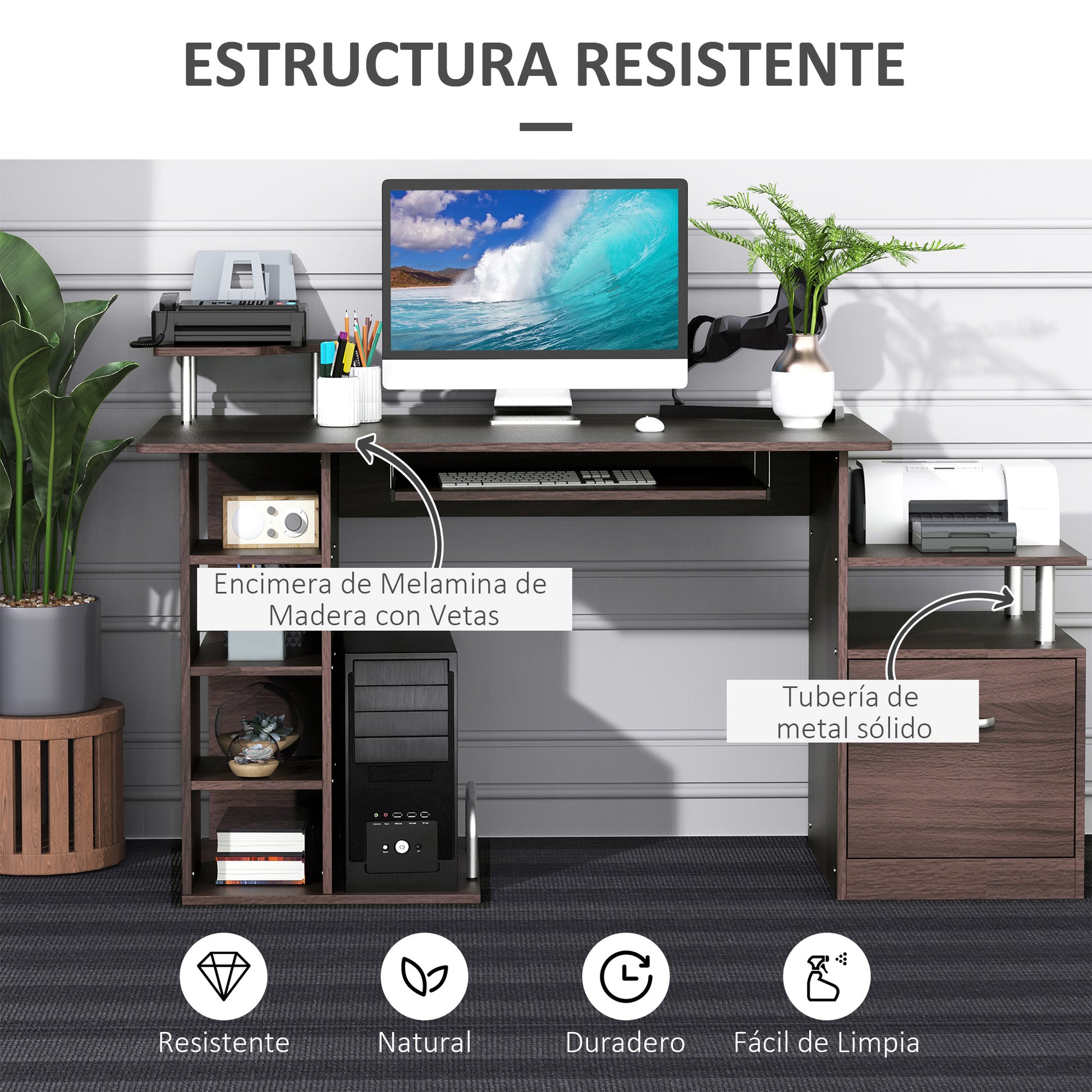 Computer Desk 120 cm Writing Desk with Multiple Shelves Drawer Keyboard Tray Monitor Printer CPU Stands 152x60x88 cm Brown