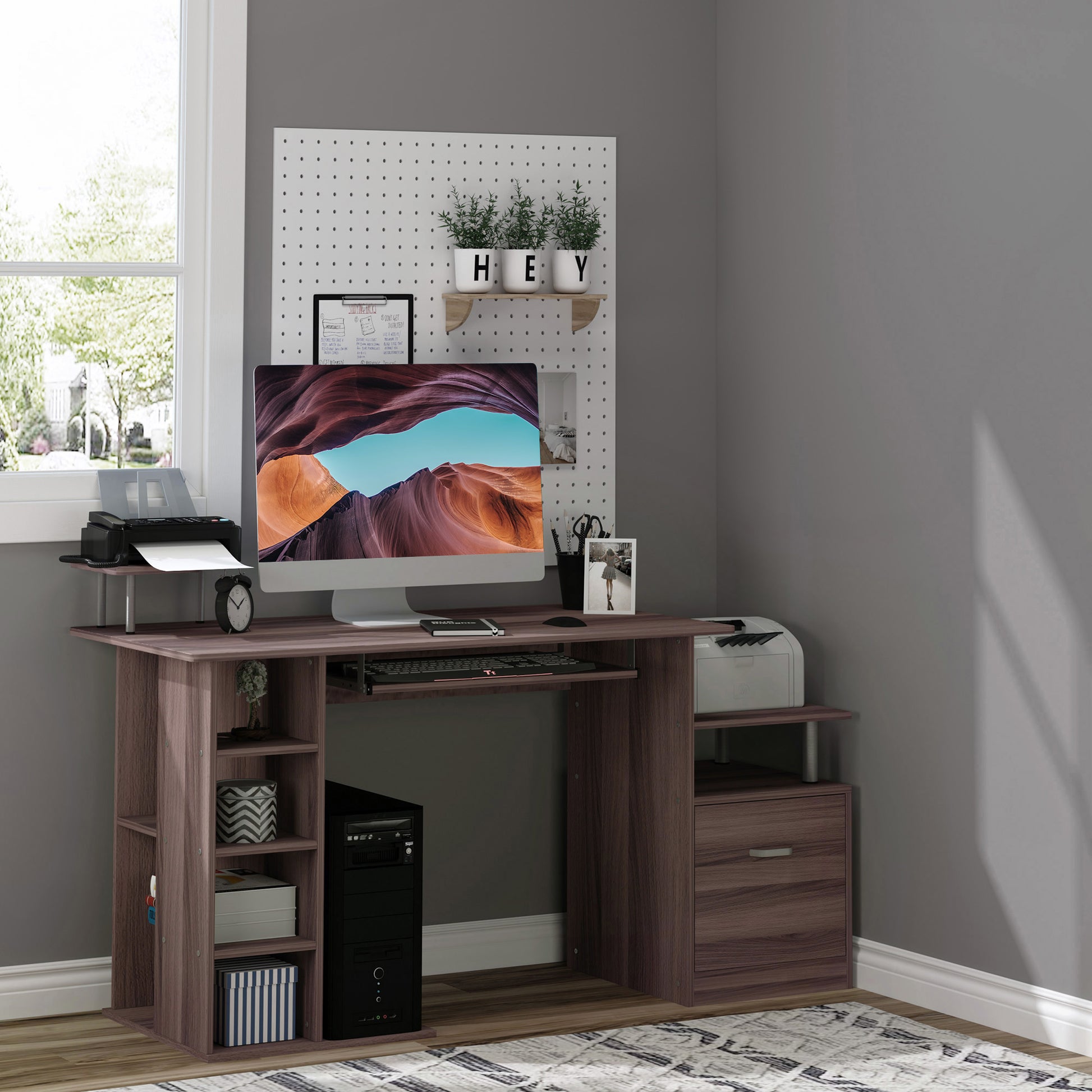 Computer Desk 120 cm Writing Desk with Multiple Shelves Drawer Keyboard Tray Monitor Printer CPU Stands 152x60x88 cm Brown